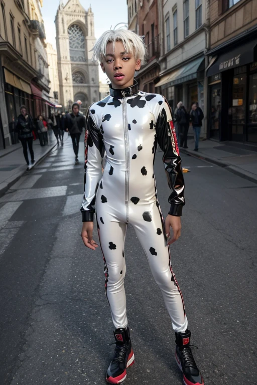 A 15-year-old black boy, white hair, golden eyes. age uncensored,Wearing a Dalmatian tight latex catsuit, red collar. Full body, Looking to the right, open mouth, 8.5), Street photography