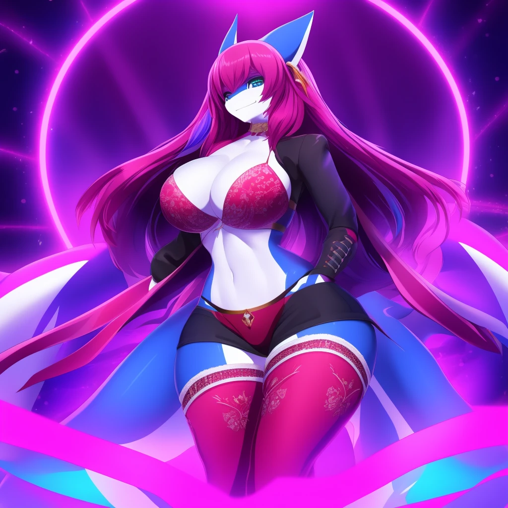 A high-definition, ultra-detailed anime kemono-style hybrid Orca Wolf Goddess graces the scene, boasting a mesmerizing blue fur that shimmers under the studio lighting. Framed by a stark white underbelly, she is intricately adorned with pink details that accentuate her curvy hourglass body. The goddess's lower half transforms into a grand, flowing large orca tail, exuding an air of confidence and sovereignty.

This breathtaking masterpiece is meticulously crafted in 4K and 8K resolutions, showcasing extreme detail in both the goddess herself and the surrounding environment. Vivid colors burst