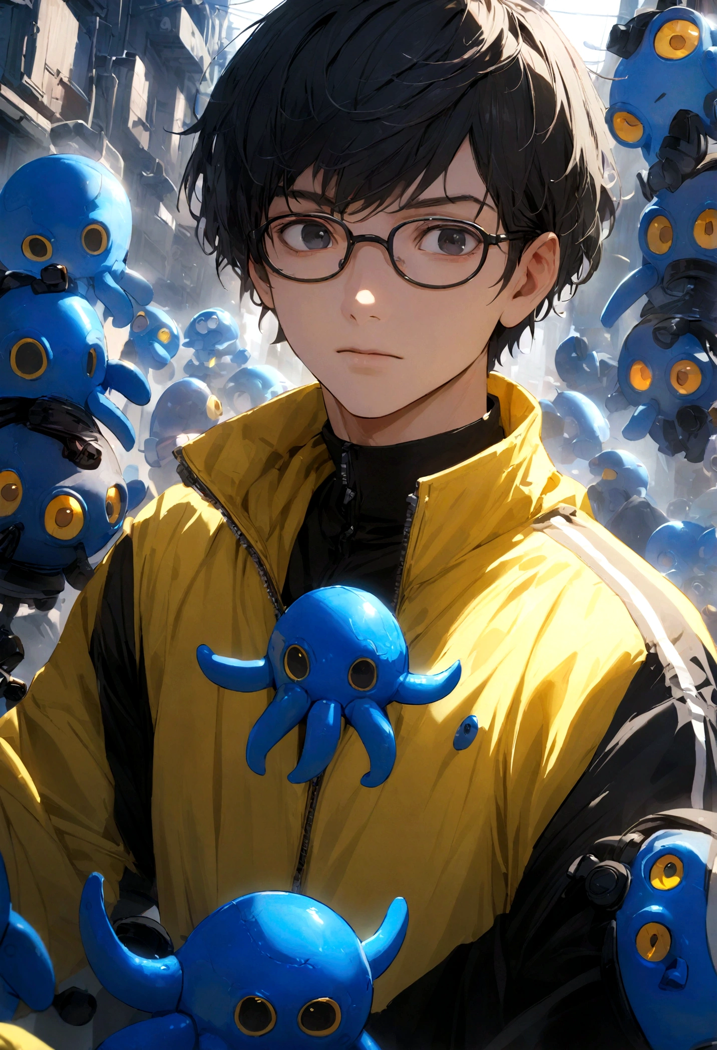 male with black hair, short hair, black eyes, black-rimmed glasses, wearing black and yellow sportswear, making a blue robot octopus