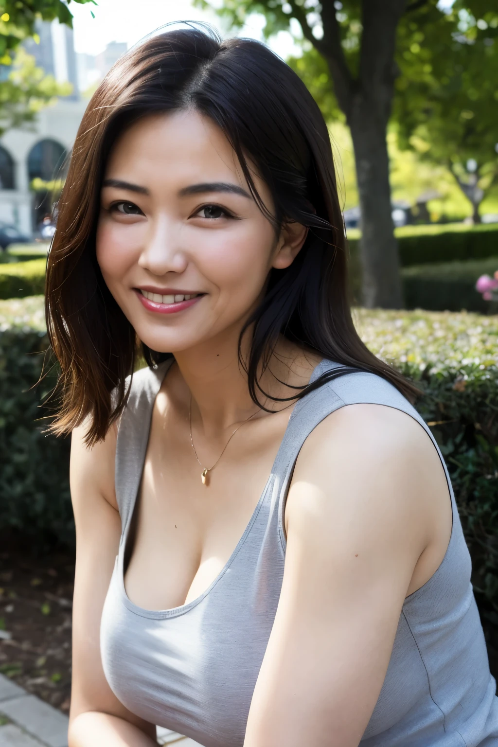 最high quality, In 8K, Masseter muscle area, Lifelike, Sharp focus, high quality, High resolution, Detailed face, Detailed eyes, Thick lips, Background Blur, solo, Middle-aged women, , 55 years old, , Wavy Hair, Cleavage, Wearing a plain short-sleeved knit, Afternoon in front of the park garden, Wrinkles around the eyes, Toothy smile