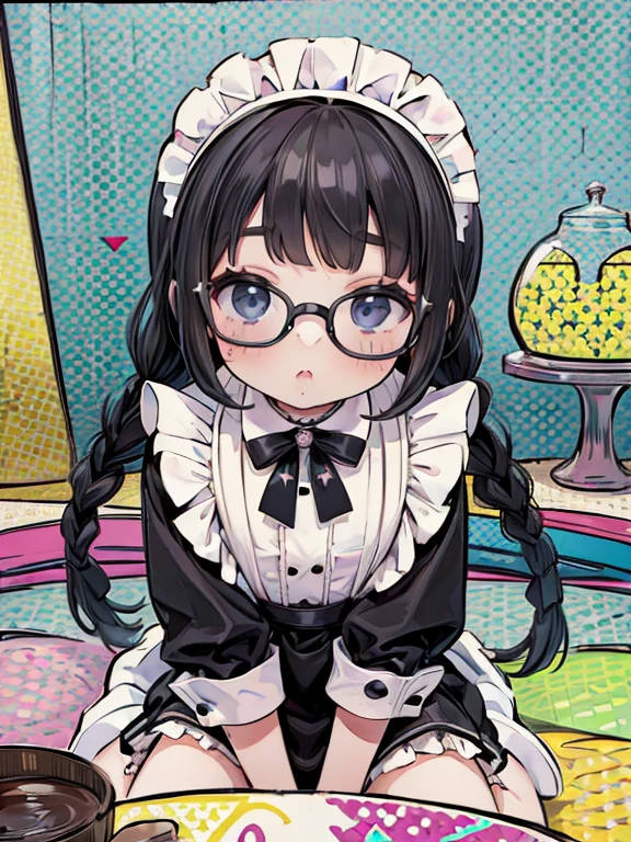 8k, (Pop art:1.8), 9-year-old girl, black eye, Glasses, Black Hair, Long Hair, Braid, Black maid outfit
