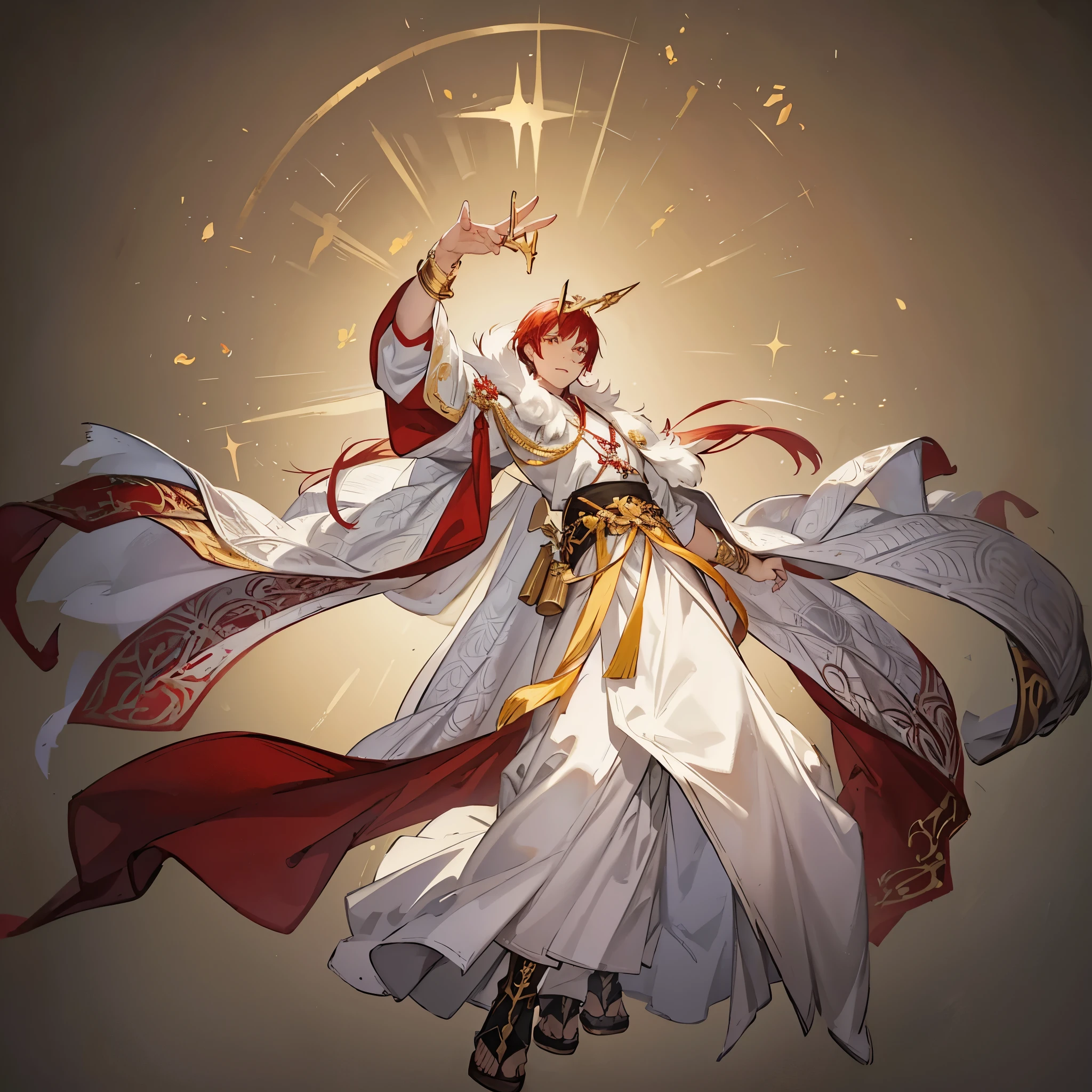 male,Vulcan,White robe with golden flame pattern,White clothes with gold trim,Red Hair,Three Kingdoms,immortal,White background