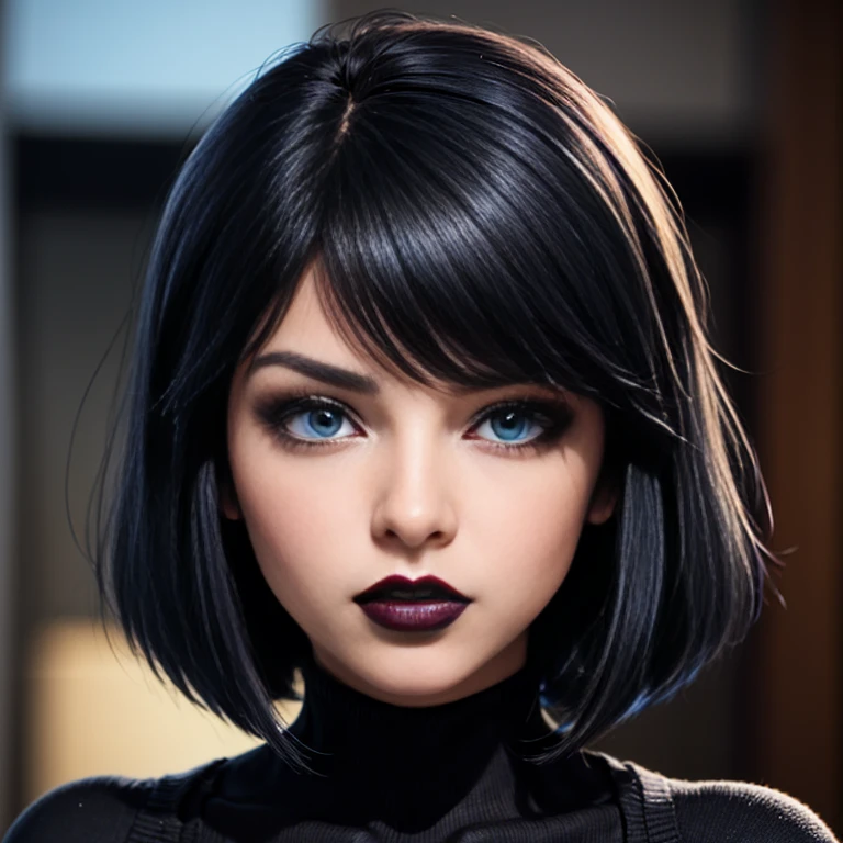 anime girl with long black hair and blue eyes staring at the camera, she has black hair with bangs, 1 7 -  -  goth, with black hair, black hair and blue eyes, woman wearing a black turtle neck sweater, pouty lips, raven black hair, beautiful anime, black hime cut hair