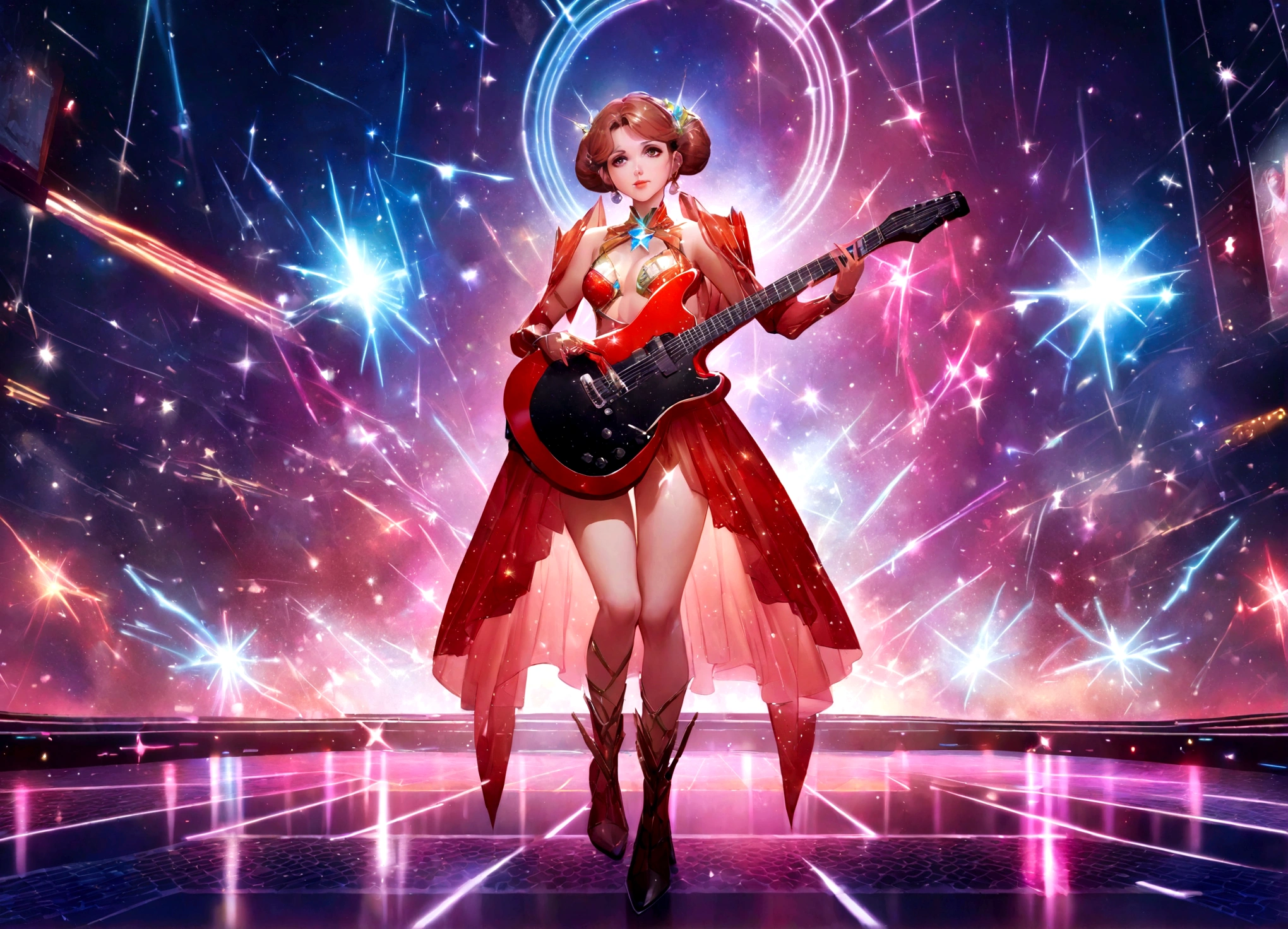 Star Wars Princess Leia (carrie fisher age 30), exciting sci fi sparkly outfit, guitar neon lit matches costume, power ballad, stage on Alderaan