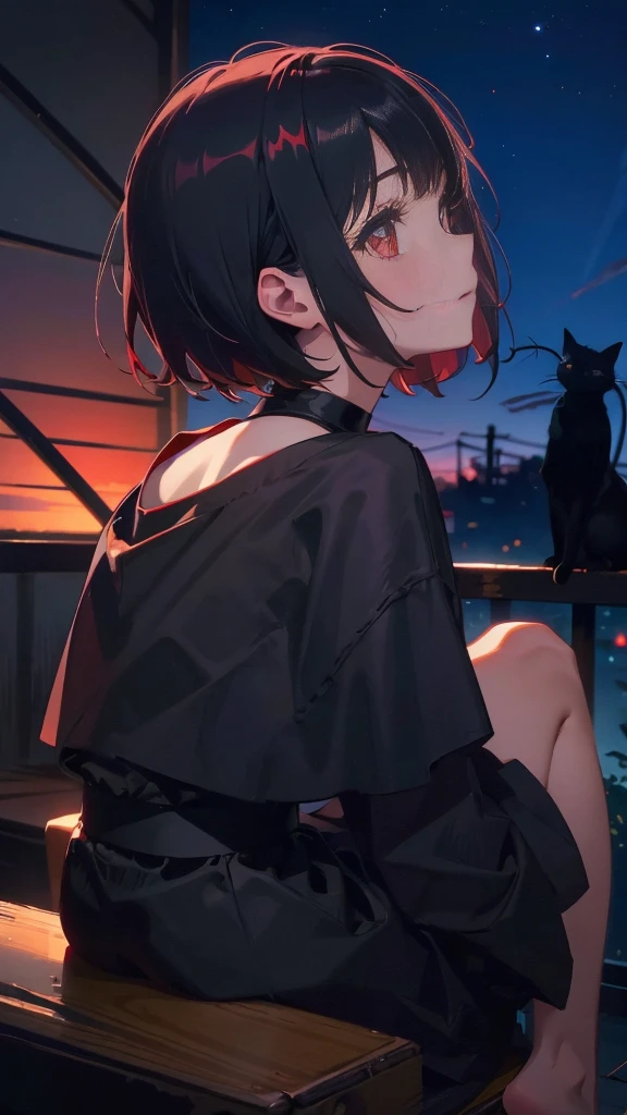 girl with short bob hair,Red eyes ,Sitting,A distant view,Looking up at the sky,Black cat by my side,View from behind,Stroking a black cat on her lap,high school girl,Wearing a red dress