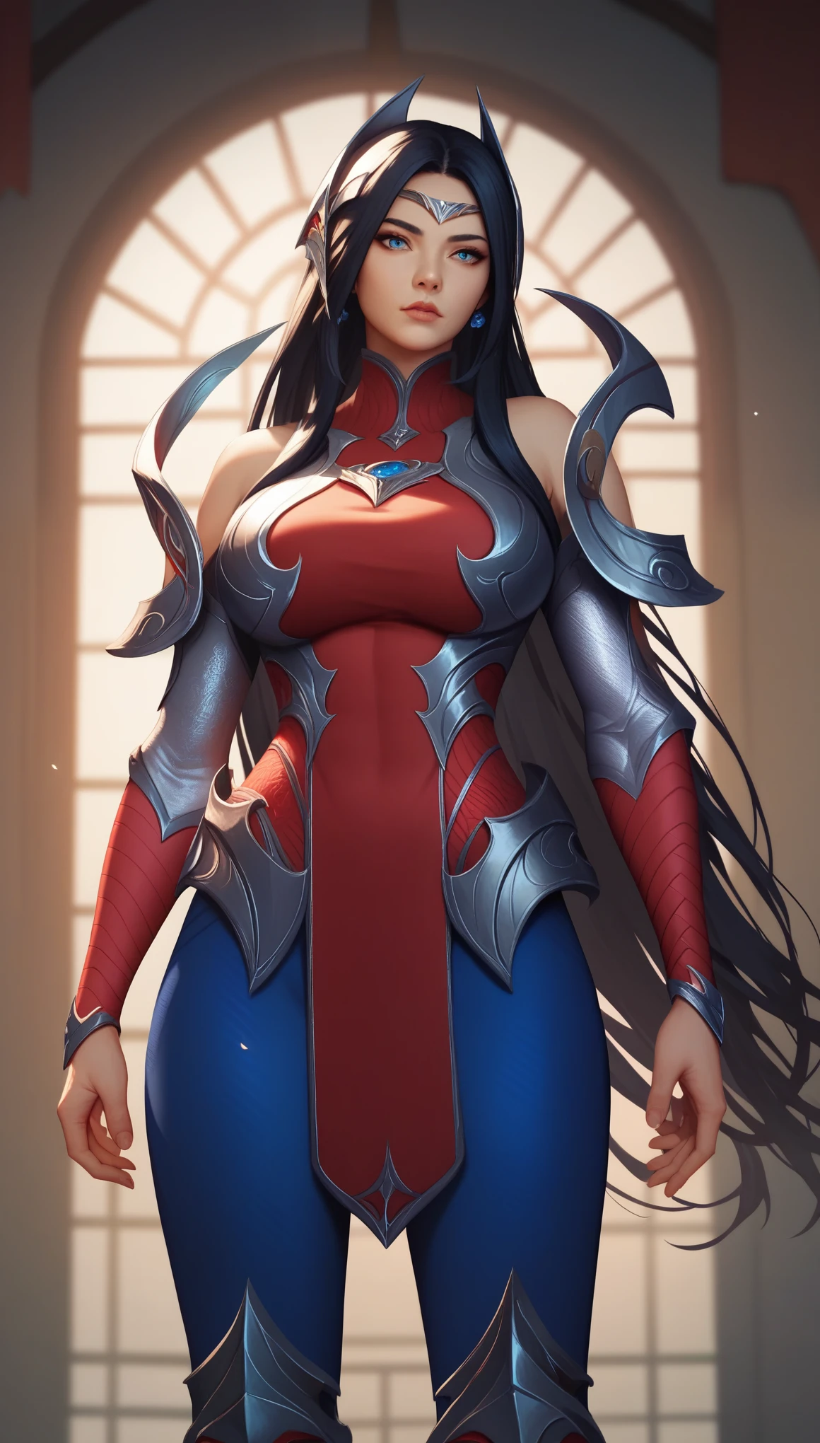 score_9, score_8_up, score_7_up, score_6_up, score_5_up, score_4_up, IreliaLoLXL, blue eyes, black hair, long hair, hair ornament, forehead ornament, large breasts, grey armor, pauldrons, red dress, detached sleeves, guantlets, blue pants, greaves, red armored boots, (solo), standing, looking at viewer, indoors