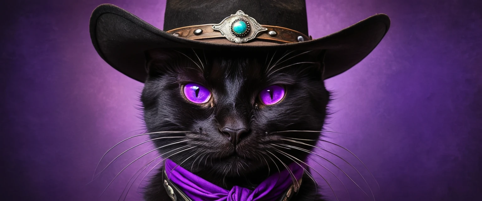 A portrait of a black anthropomorphic cat with purple eyes in a cowboy hat