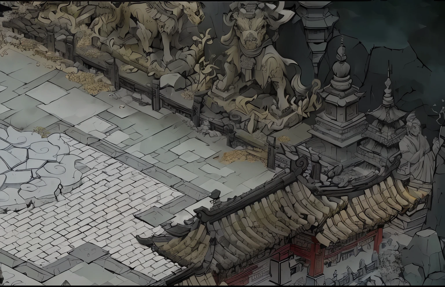 A game scene, in ink wash painting style, traditional Chinese style, and Xianxia (immortal hero) style. It depicts a formerly bustling temple, now in ruins after a brutal battle. Surrounding the area are broken statues, stone pillars, and pagodas, with scattered debris and corpses. The ground is marked with cracks and imperfections. Inspired by the game "Realm of Ink."
