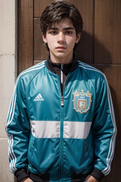 19 year old Argentinian, with Argentina shirt and sweater in his room lying face looking to the side with glasses and cap facing backwards