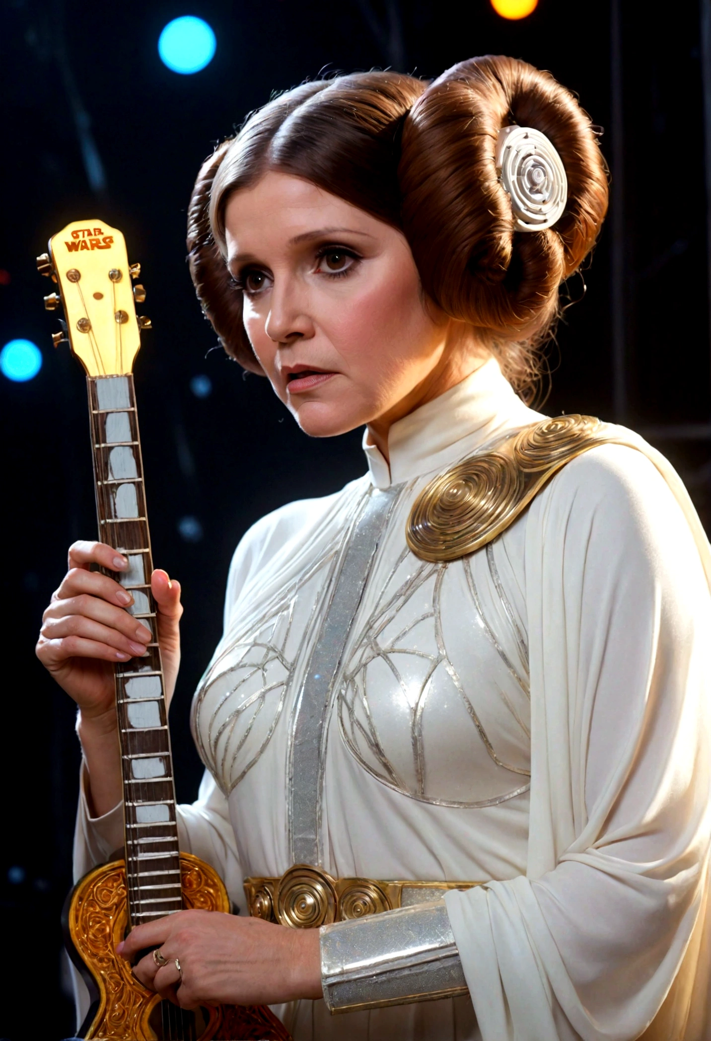 Star Wars Princess Leia (carrie fisher age 30), exciting sci fi sparkly outfit, guitar neon lit matches costume, power ballad, stage on Alderaan
