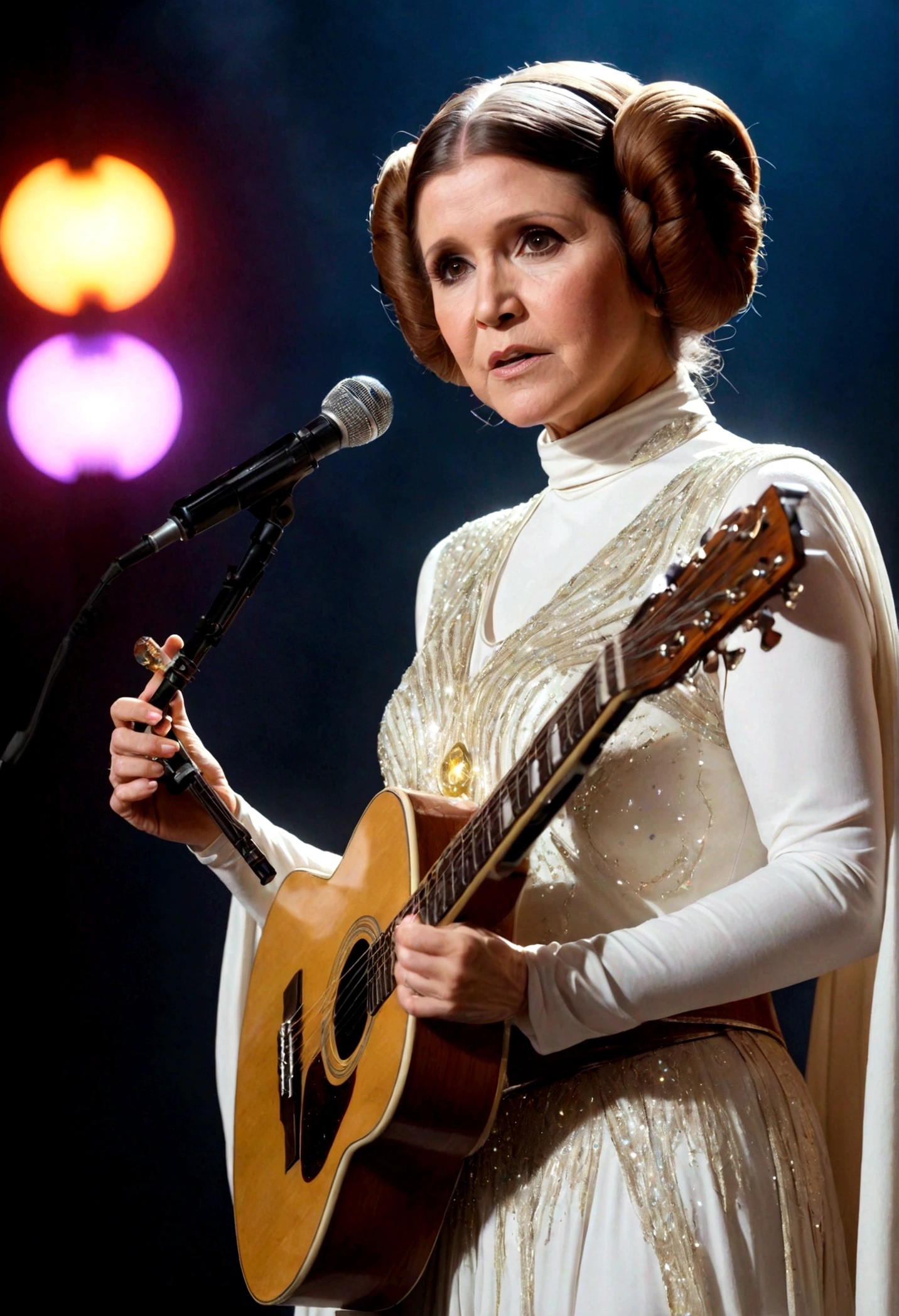 Star Wars Princess Leia (carrie fisher age 30), exciting sci fi sparkly outfit, guitar neon lit matches costume, power ballad, stage on Alderaan