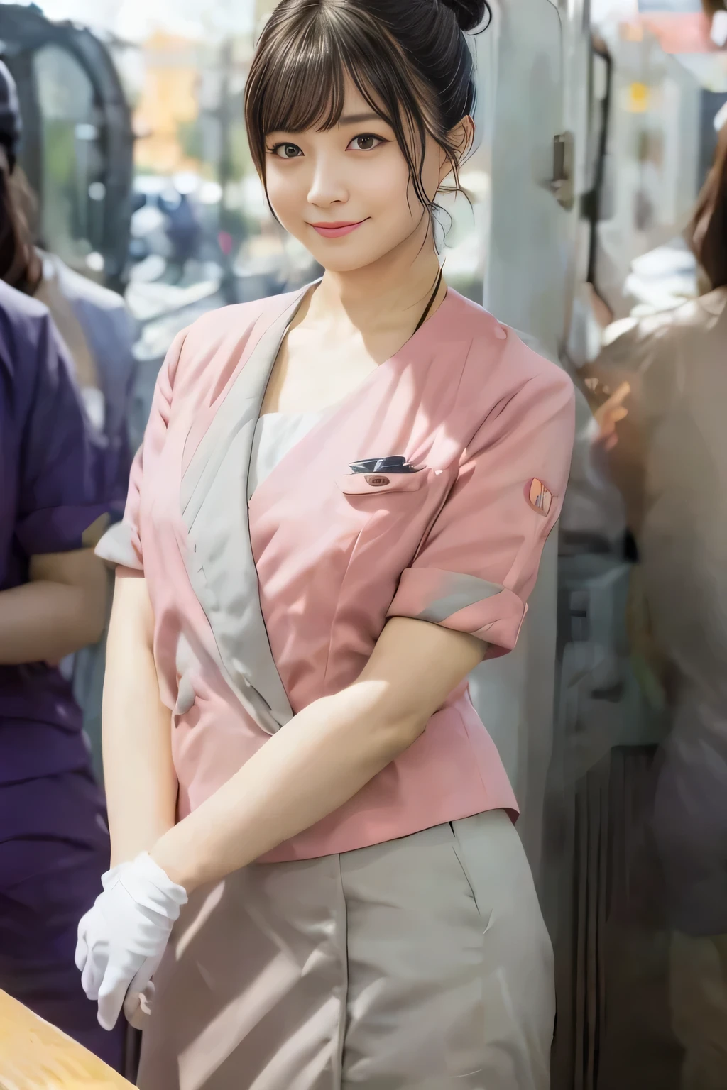 (masterpiece:1.2, highest quality:1.2), 32K HDR, High resolution, (alone、1 girl)、（On the rooftop of a building in the daytime、Professional Lighting）、Building rooftop background、（Nankai train crew uniform pinkを着たリアルスタイル）、（Nankai train crew uniform pink short sleeve collarless pink jacket、Nankai Train Crew Uniform Pink Collarless Short Sleeve Blouse、Nankai Train Crew Uniform Pink Grey Knee-length Culottes）、Dark brown hair、（Hair tied up、Hair Bun、Hair Bun）、Dark brown hair、Long Shot、Big Breasts、Thin legs、（（Great hands：2.0）），（（Harmonious body proportions：1.5）），（（Normal limbs：2.0）），（（Normal finger：2.0）），（（Delicate eyes：2.0）），（（Normal eyes：2.0））)、smile、（Nankai Train Crew Uniform Pink Grey Knee-length Culottesを見せた美しい歩く姿）、Place your hands around your stomach,Lanyard employee ID card