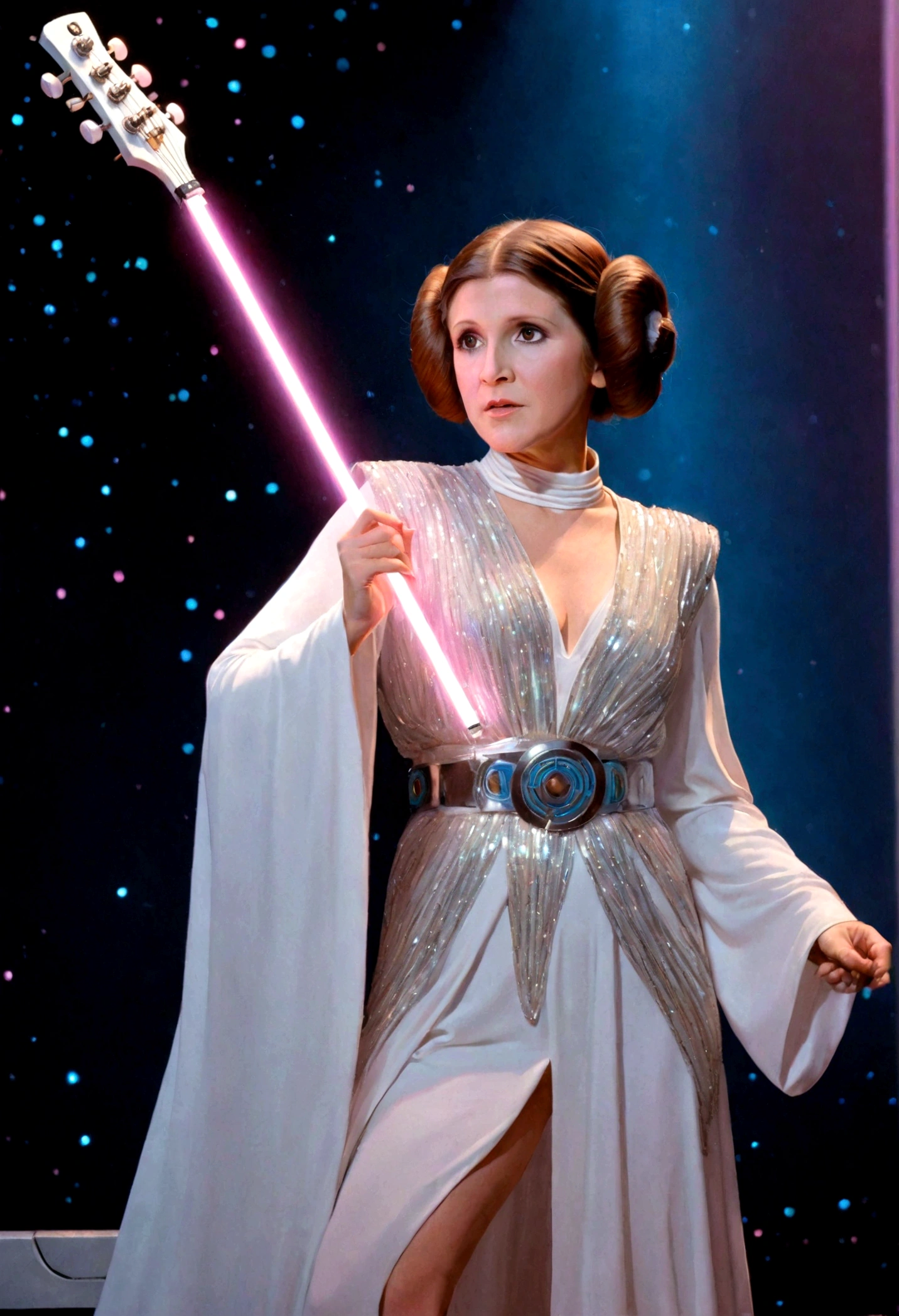 Star Wars Princess Leia (carrie fisher age 30), exciting sci fi sparkly outfit, guitar neon lit matches costume, power ballad, stage on Alderaan
