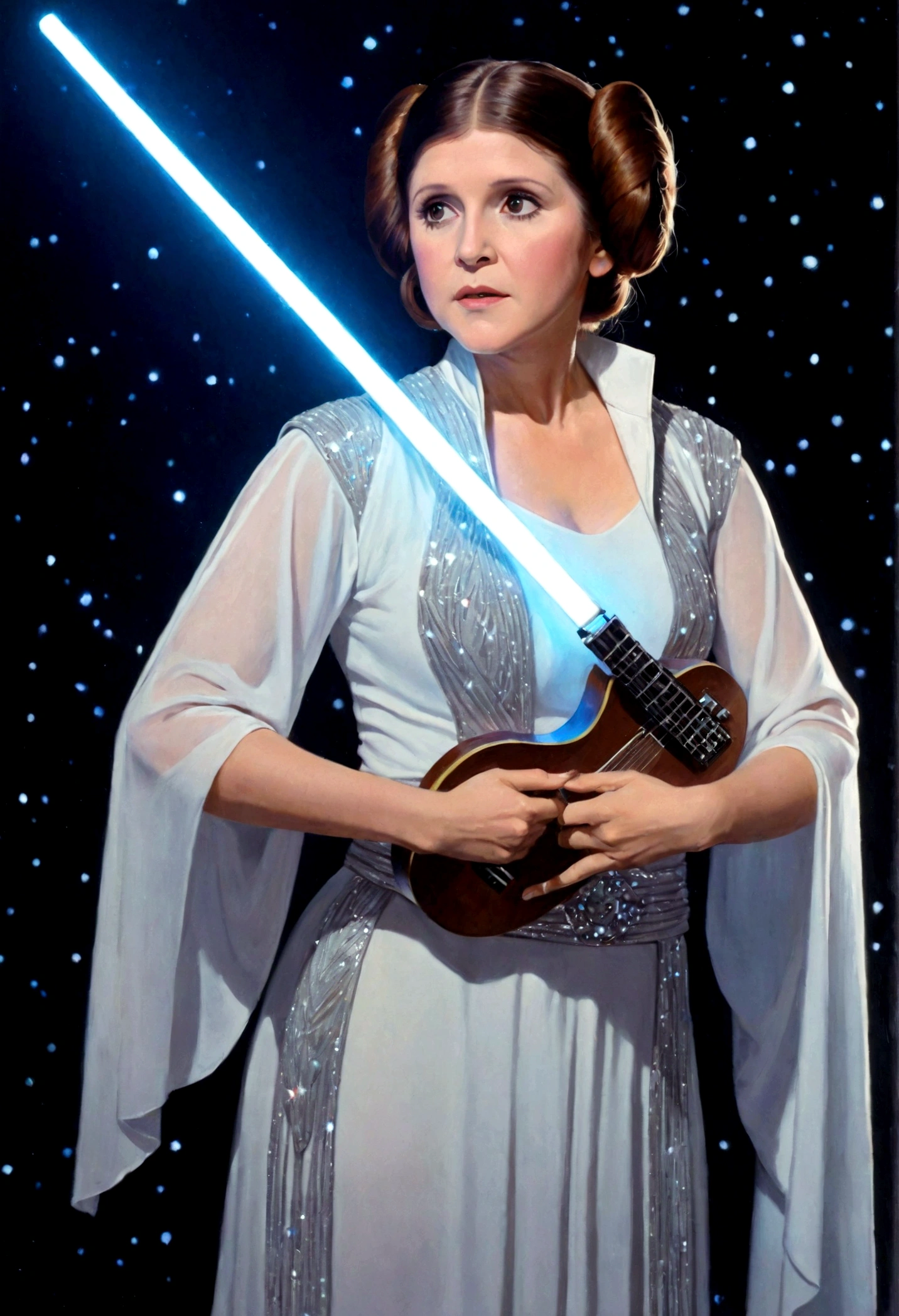 Star Wars Princess Leia (carrie fisher age 30), exciting sci fi sparkly outfit, guitar neon lit matches costume, power ballad, stage on Alderaan
