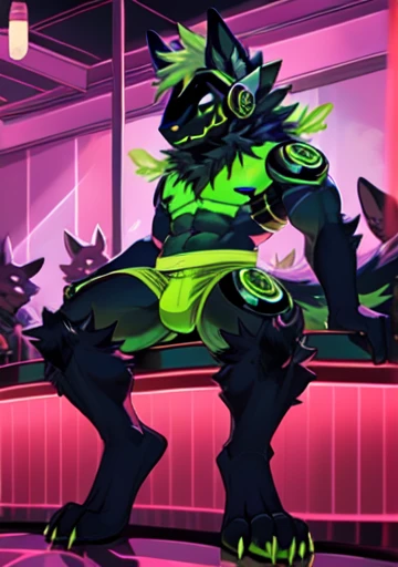 Protogen, (black fur with some green strands of fur) , , happy, male, 8 foot 0, sitting on viewer, looking at viewer, muscular, (big ass), nakegreen ng ass, green glowinglls, ripping off grlowing underwear, cum, breasts,