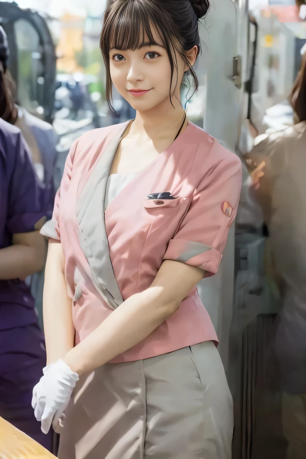 (masterpiece:1.2, highest quality:1.2), 32K HDR, High resolution, (alone、1 girl)、(On the rooftop of a building in the daytime、Professional Lighting)、Building rooftop background、(Nankai train crew uniform pinkを着たリアルスタイル)、(Nankai train crew uniform pink short sleeve collarless pink jacket、Nankai Train Crew Uniform Pink Collarless Short Sleeve Blouse、Nankai Train Crew Uniform Pink Grey Knee-length Culottes)、Dark brown hair、(Hair tied up、Hair Bun、Hair Bun)、Dark brown hair、Long Shot、Big Breasts、Thin legs、((Great hands:2.0)),((Harmonious body proportions:1.5)),((Normal limbs:2.0)),((Normal finger:2.0)),((Delicate eyes:2.0)),((Normal eyes:2.0)))、smile、(Nankai Train Crew Uniform Pink Grey Knee-length Culottesを見せた美しい歩く姿)、Place your hands around your stomach,Lanyard employee ID card