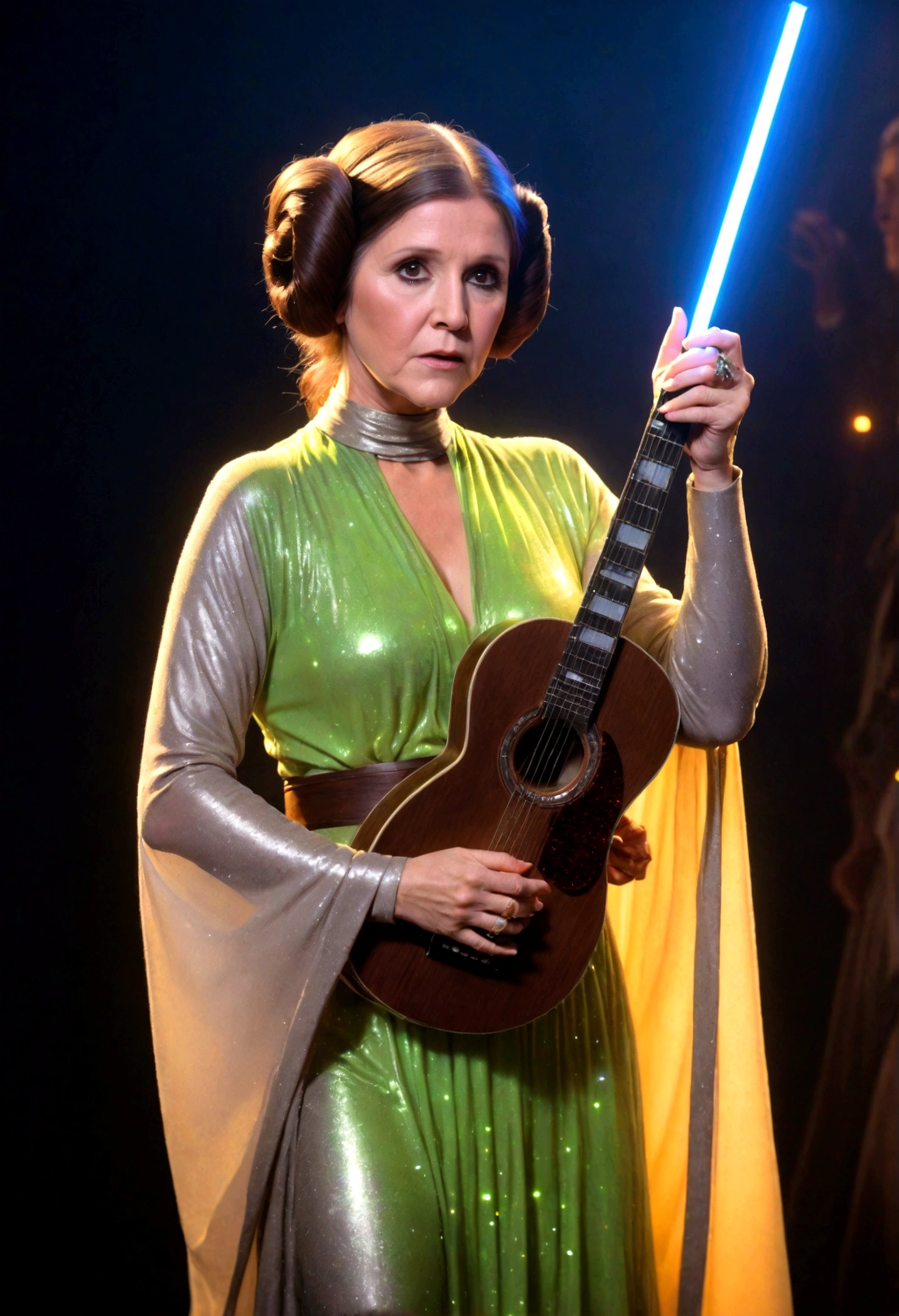 Star Wars Princess Leia (carrie fisher age 30), exciting sci fi sparkly outfit, guitar neon lit matches costume, power ballad, stage on Alderaan