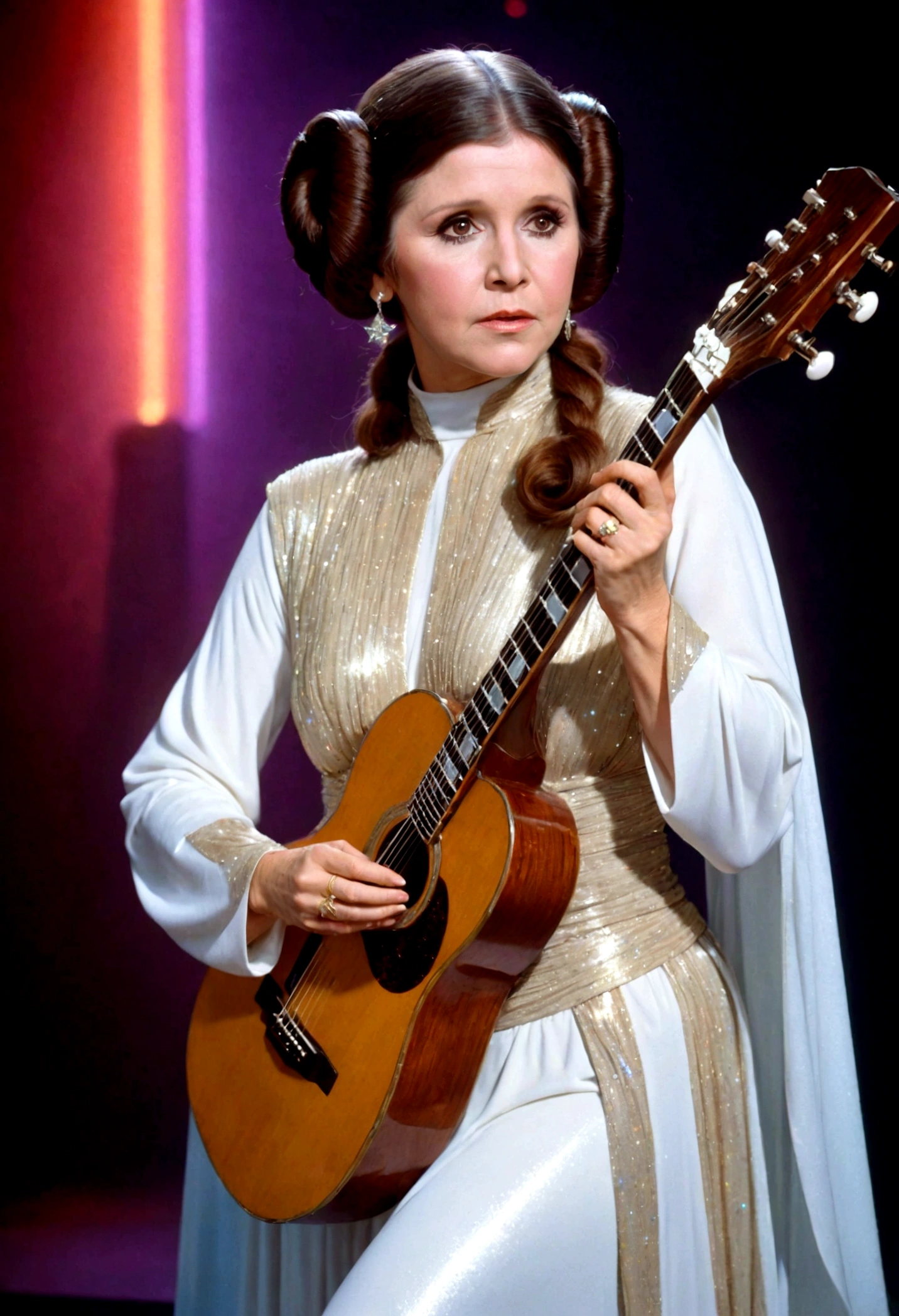 Star Wars Princess Leia (carrie fisher age 30), exciting sci fi sparkly outfit, guitar neon lit matches costume, power ballad, stage on Alderaan