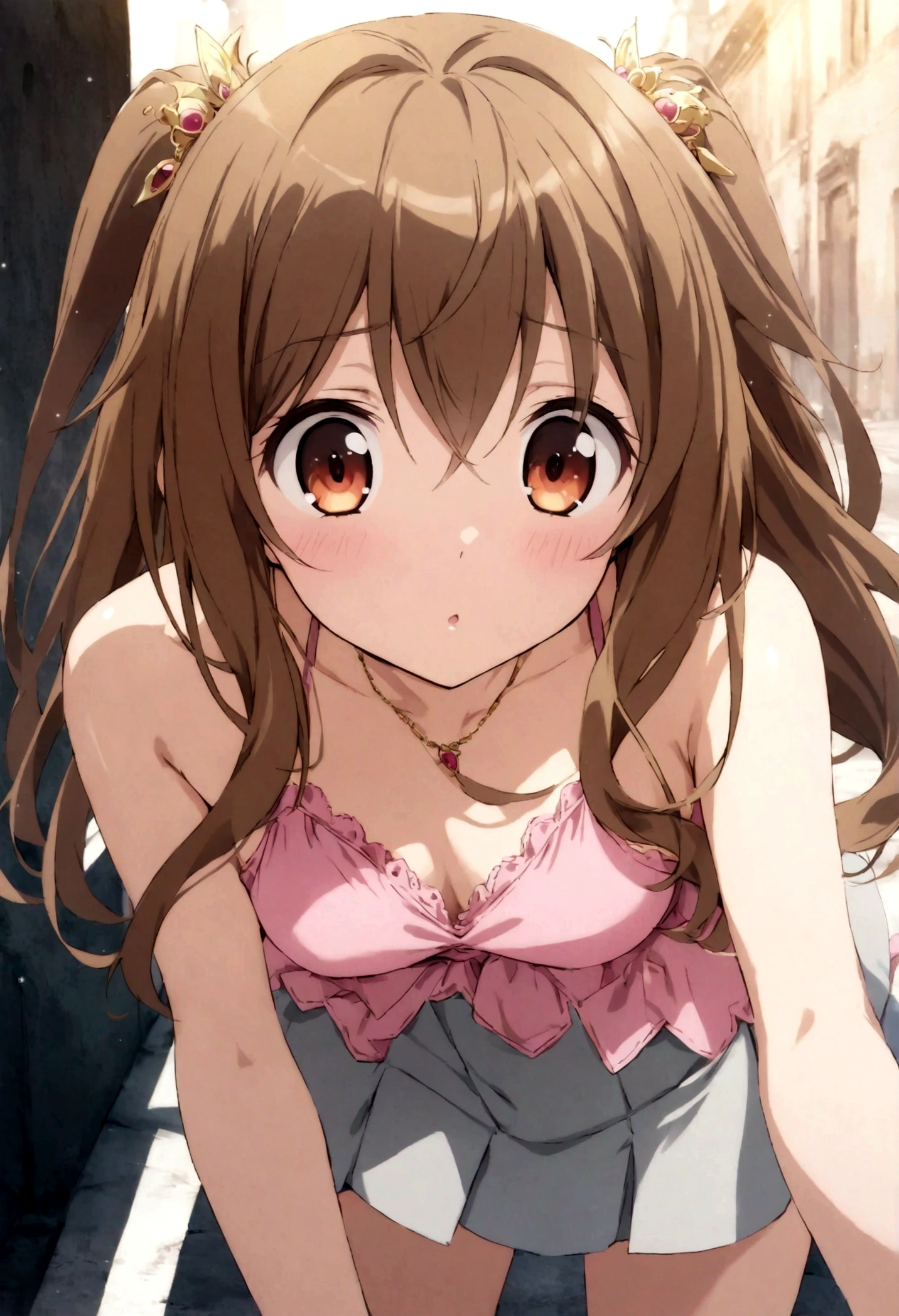 masterpiece, best quality, very aesthetic, absurdres,
yuuki_mikan( to_love-ru), to_love-ru, 1girl, orange_eyes,long_hair,  brown_hair, hair_ornament,grey_skirt, halterneck, miniskirt, pink_footwear, pink_top, shoes, skirt, socks, white_socks,bare_arms, bare_shoulders, in street
