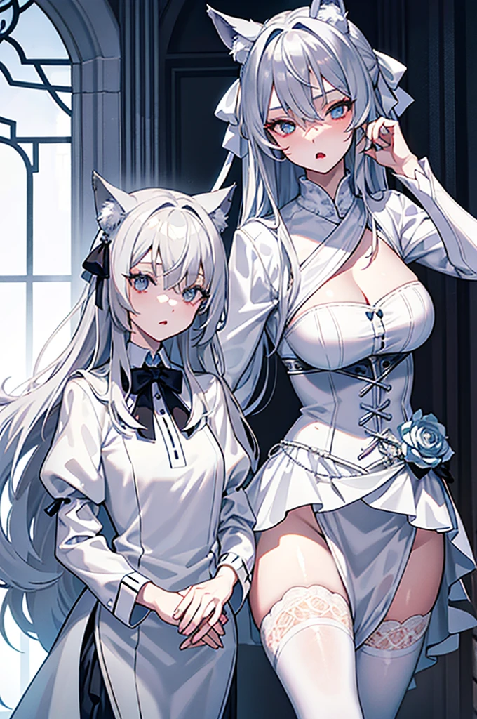 best qualtiy,tmasterpiece,The is very detailed,4K,Gray hair and shallow eyes,Drag cool expressions,Wolf ears,Erect scar on the left eye,British style,1girl,Absolutely beautiful, big bust, white costume, ear ribbon