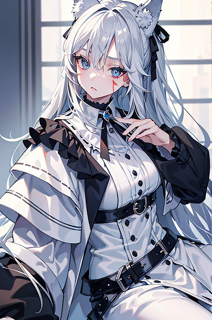 best qualtiy,tmasterpiece,The is very detailed,4K,Gray hair and shallow eyes,Drag cool expressions,Wolf ears,Erect scar on the left eye,British style,1girl,Absolutely beautiful, big bust, white costume, ear ribbon