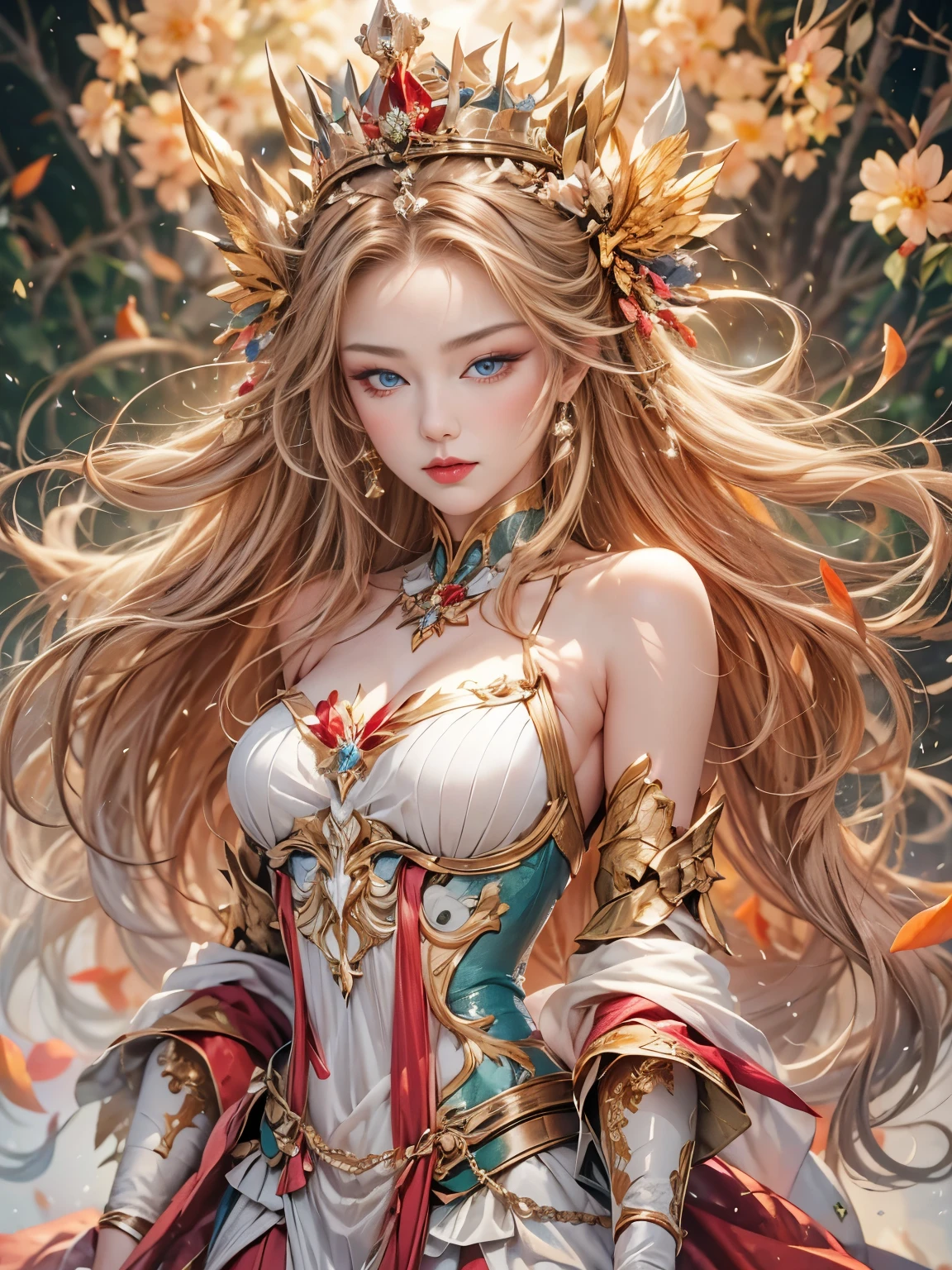 (8K, highest quality, masterpiece),(Realistic, RAW Photos, Super Fine Clear), Realistic Light, Detailed skin, Beautiful woman, ((25-year-old woman, queen:1.5)), Thin legs, fine grain, white long hair, Detailed fingers, thin, Sexual, Ecstasy facial expression, Super big boucing firm bust, The chest part of the armor is wide open, Chest exposed, (deep scarlet armor), (peach, peach garden, Flower storm), lakeside palace