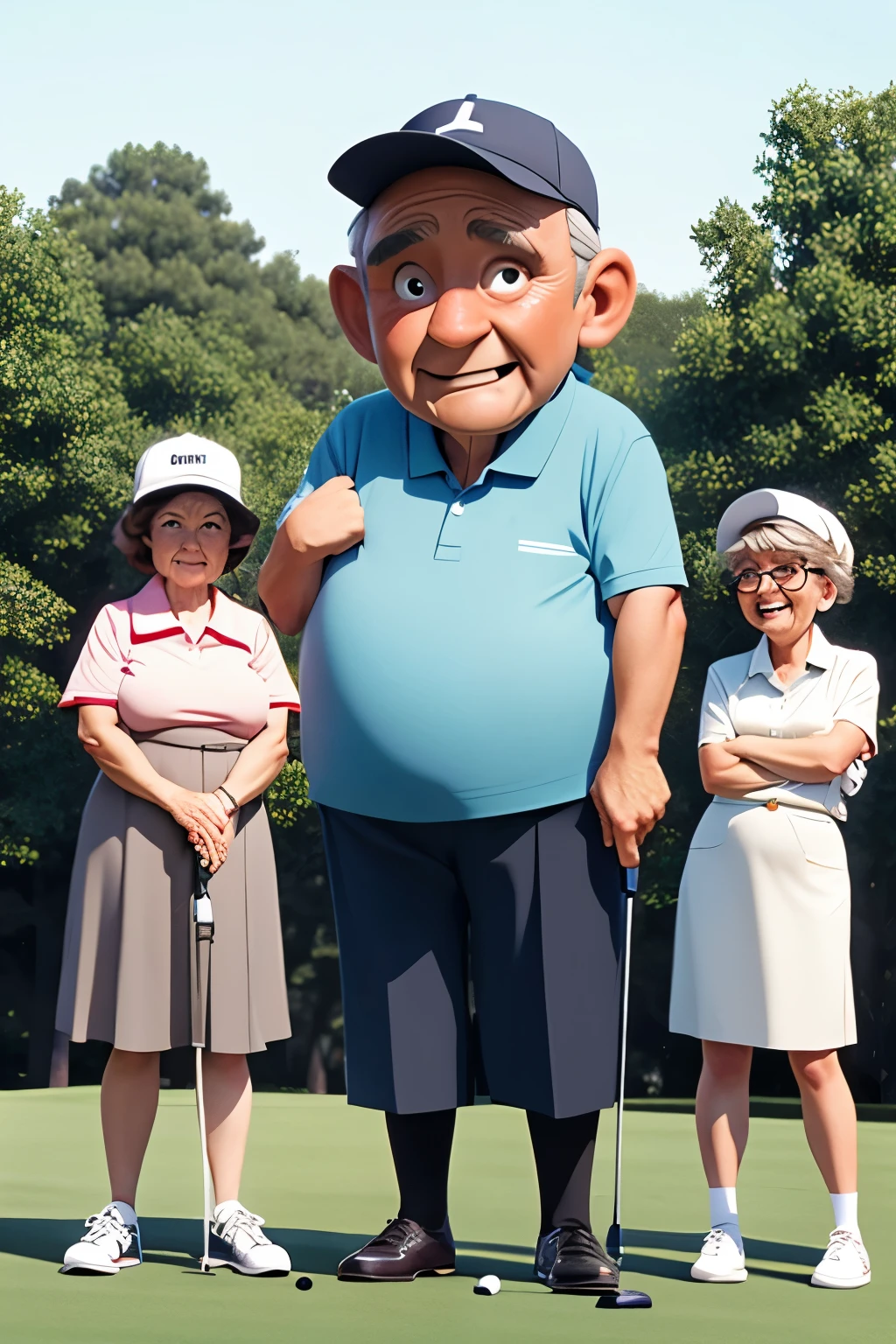 A round middle-aged man, a square middle-aged woman, a slender old man, and an oblique old woman in a golf tournament