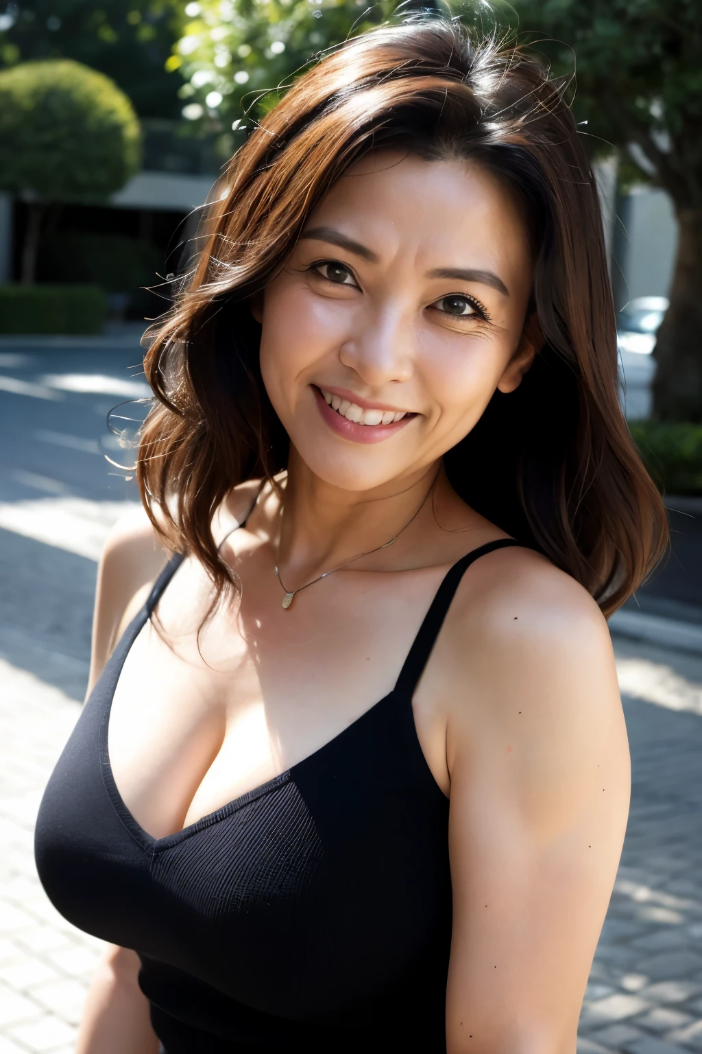 最high quality, In 8K, Masseter muscle area, Lifelike, Sharp focus, high quality, High resolution, Detailed face, Detailed eyes, Thick lips, Background Blur, solo, Middle-aged women, , 55 years old, , Wavy Hair, Cleavage, Wearing a plain short-sleeved knit, Afternoon in front of the park garden, Wrinkles around the eyes, Toothy smile