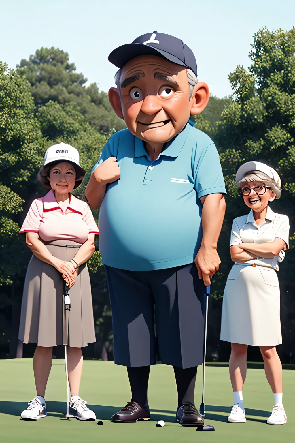 A round middle-aged man, a square middle-aged woman, a slender old man, and an oblique old woman in a golf tournament