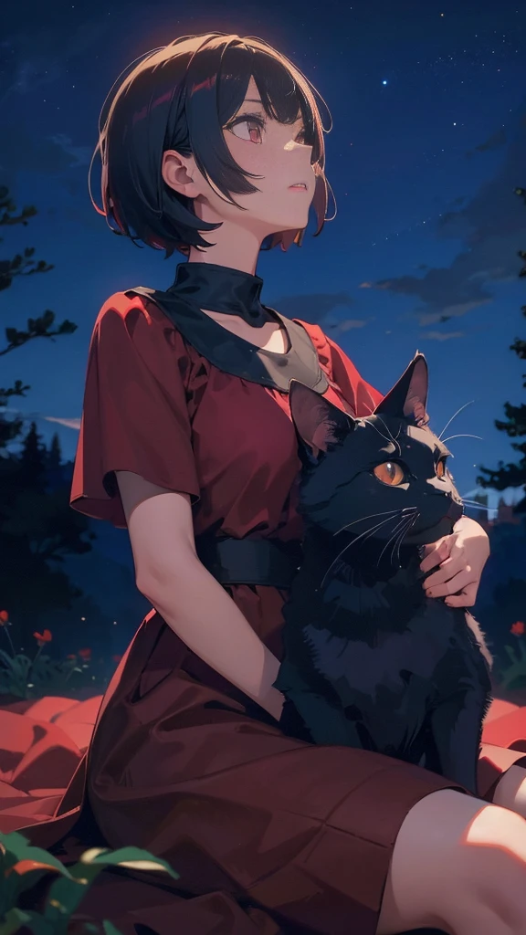 girl with short bob hair,Red eyes ,Sitting,A distant view,Looking up at the sky,Black cat by my side,View from behind,Stroking a black cat on her lap,high school girl,Wearing a red dress,in heaven