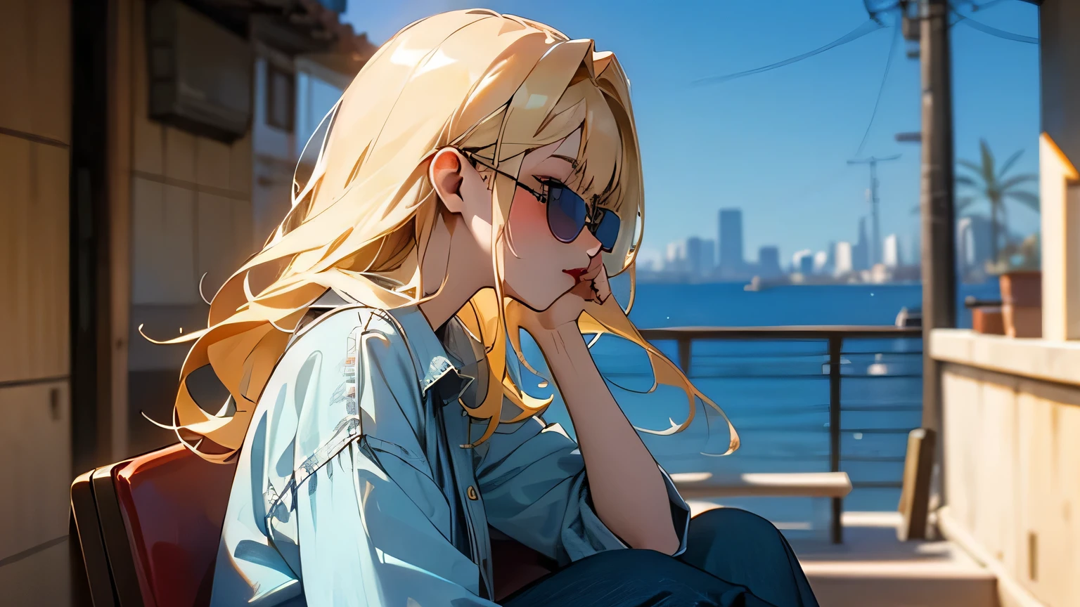 Beautiful woman with blonde hair、Wearing sunglasses、profile、Cool vibe、Wearing a denim shirt and jeans、Mediterranean cityscape、Hot season、There is a beautiful flower pot