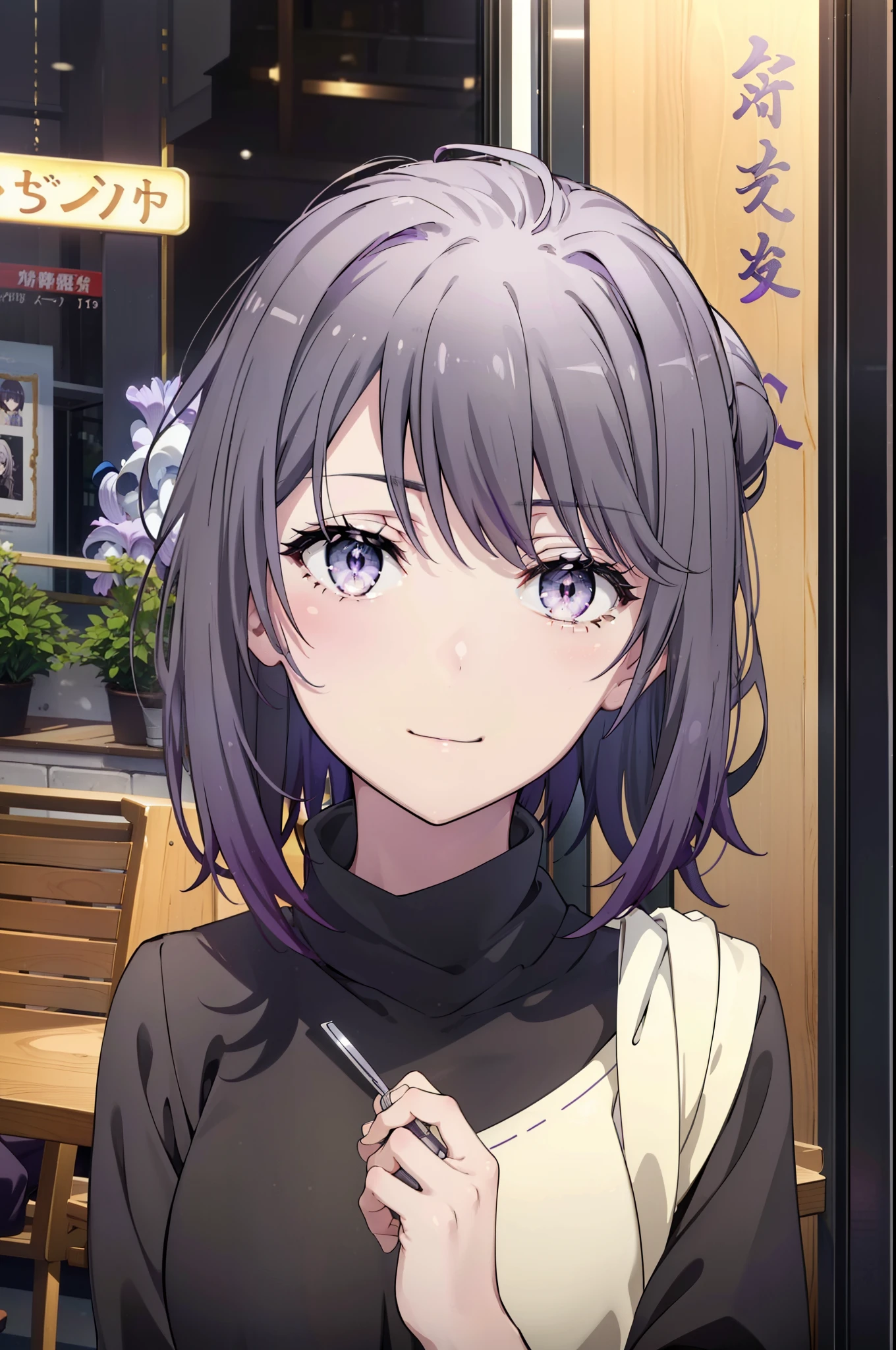 harunoyukinoshita, haruno yukinoshita, short hair, Hair between the eyes, (iris:1.5), Open your mouth wide,smile,Black Hair, Gradient Hair, Two-tone hair, Purple Hair, smile,Oversized sweater,Long skirt,short boots,Sitting in a chair,There is food on the table,whole bodyがイラストに入るように, break outdoors, Open Terrace,coffee shop, break looking at viewer,whole body, break (masterpiece:1.2), highest quality, High resolution, unity 8k wallpaper, (shape:0.8), (Beautiful details:1.6), Highly detailed face, Perfect lighting, Extremely detailed CG, (Perfect hands, Perfect Anatomy),