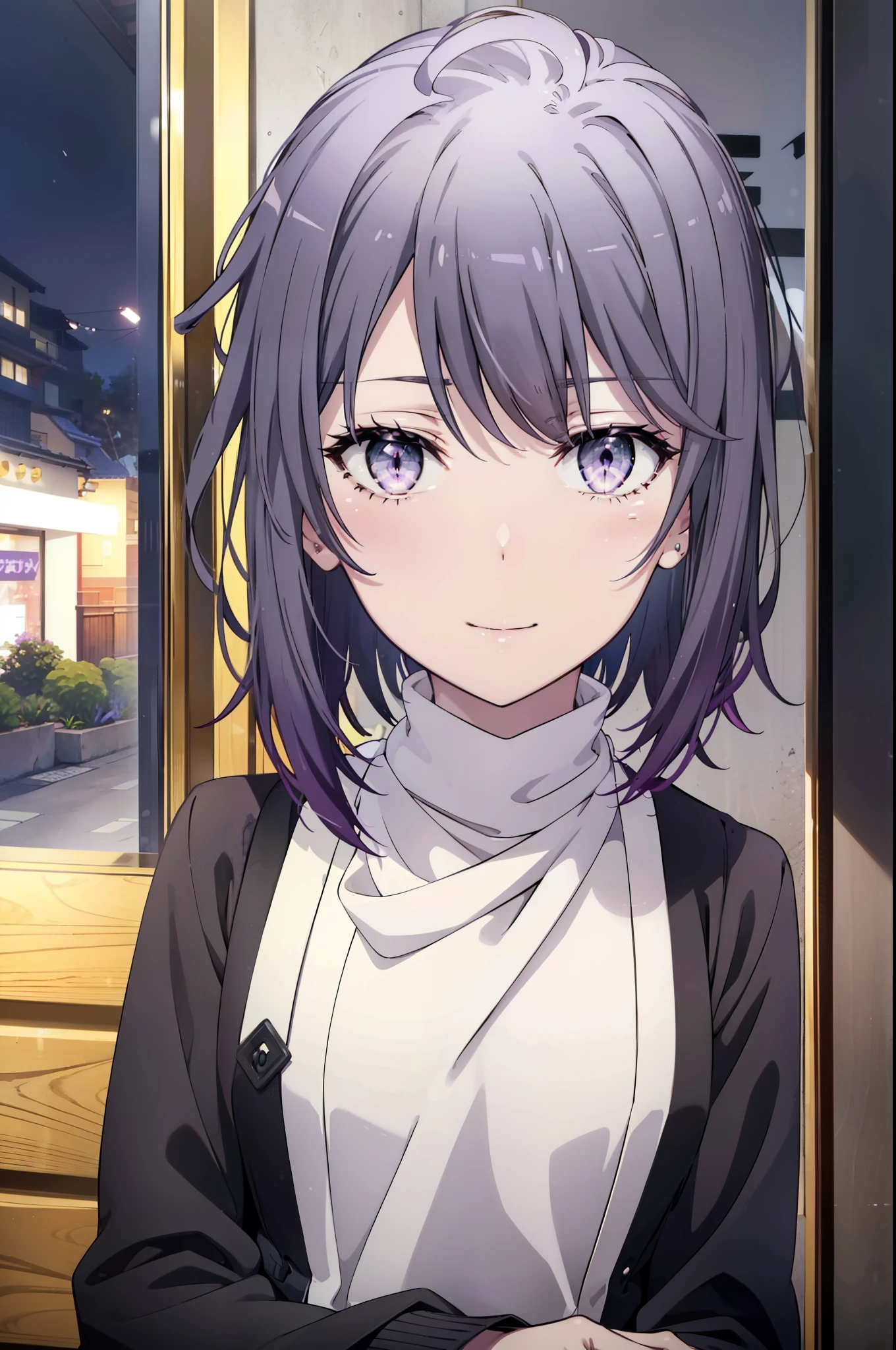 harunoyukinoshita, haruno yukinoshita, short hair, Hair between the eyes, (iris:1.5), Open your mouth wide,smile,Black Hair, Gradient Hair, Two-tone hair, Purple Hair, smile,Oversized sweater,Long skirt,short boots,Sitting in a chair,There is food on the table,whole bodyがイラストに入るように, break outdoors, Open Terrace,coffee shop, break looking at viewer,whole body, break (masterpiece:1.2), highest quality, High resolution, unity 8k wallpaper, (shape:0.8), (Beautiful details:1.6), Highly detailed face, Perfect lighting, Extremely detailed CG, (Perfect hands, Perfect Anatomy),