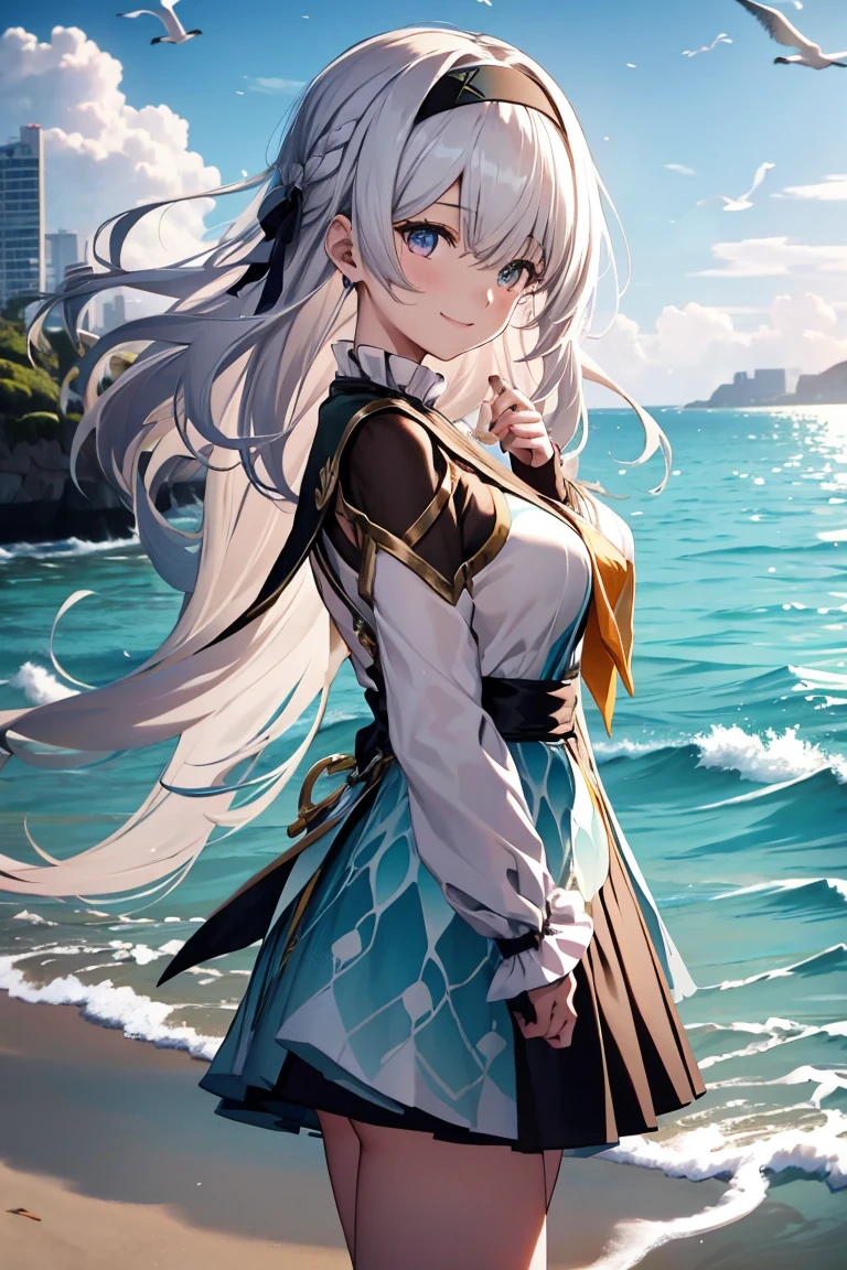 There was a girl coming out of the sea, 1 girl,Smile,Liuying,white hair,Bangs,Long sleeve,Hair accessories,black jacket,Black headband,high quality,Green Dress,Raise your legs,skirt, 半Smile, A gentle expression on his face, Background seascape and sunlight, Seagulls in the sky, full length, Photorealism