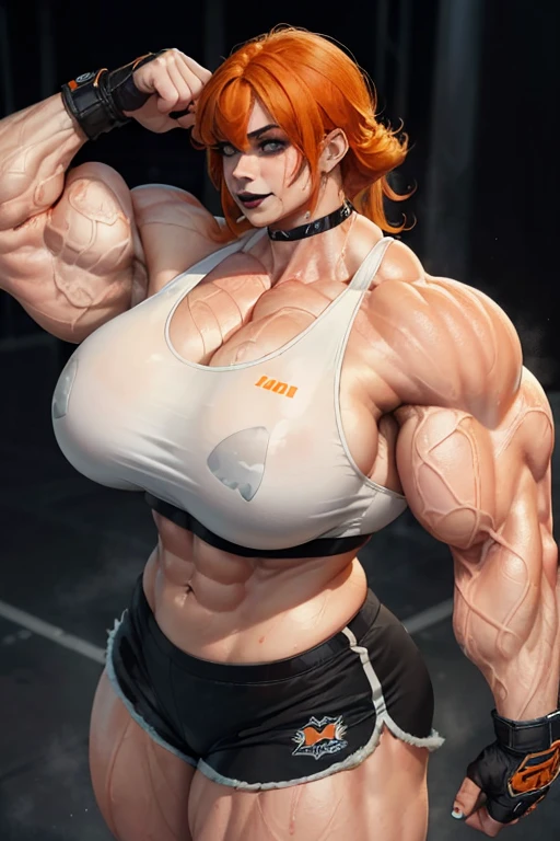 (((((Massive, beautiful, buff, sweaty, pale white skinned woman with orange hair, black lipstick, ginormous bulky muscles and wearing a black sports bra with dolphin shorts))))), close view, ((massive muscles)), massive biceps, hyper muscle shoulders, (massive muscle arms), hyper muscle triceps, (long shaggy hair), green eyes, choker, sneakers, in a boxing ring, (fingerless gloves), closed smile, night, hyper muscles arms, hyper muscle legs, (massive arms).