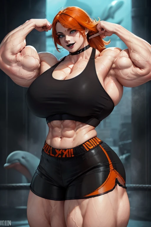 (((((Massive, beautiful, buff, sweaty, pale white skinned woman with orange hair, black lipstick, ginormous bulky muscles and wearing a black sports bra with dolphin shorts))))), close view, ((massive muscles)), massive biceps, hyper muscle shoulders, (massive muscle arms), hyper muscle triceps, (long shaggy hair), green eyes, choker, sneakers, in a boxing ring, (fingerless gloves), closed smile, night, hyper muscles arms, hyper muscle legs, (massive arms).