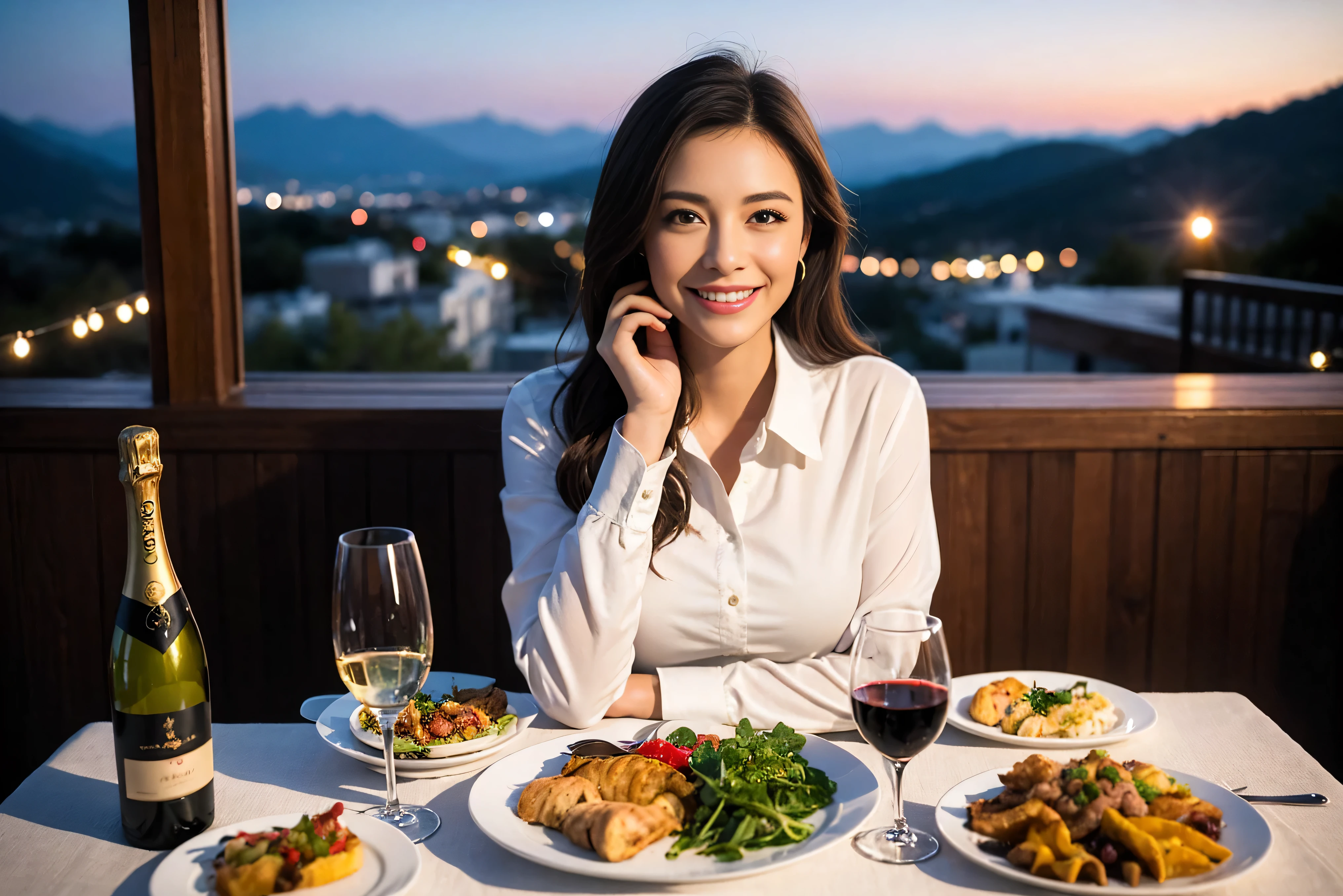 ((highest quality、8k、masterpiece:1.3))、1 male 1 female、lover、Beautiful couple、smile、full-course dinner (Slim face), (the body is スリム), (Brown Hair), (ShortcutsHair), Wine glass on the table、Please shine a light on my face、 Amazing view of the sunset sky and clouds、Amazing mountain views、The beauty of a smile、Bright image、Shortcuts,Bright Face、 (42 years old), 39 years old, red wine 、Appetizers、Italian food、Wine bottle、Champagne、sparkling wine、Long sleeve shirt、dress、Attractive beauty、restaurant, actress, model, Upper Body, White wine, red wine, wine glass, 