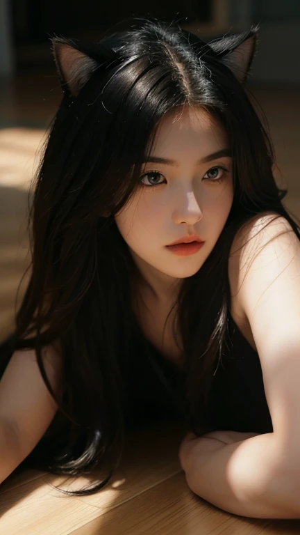 best quality,masterpiece,Ultra-high resolution,RAW photos, Cat ears,Lovely,In the light,Deep Shadows,Low profile,Cold Light,Sexy look,long hair,((best quality: 1.5)) ((masterpiece: 0.8)), Intricate details, Be focused, professional, real life, Real facial expressions, Dynamic poses, ((([Large Breasts:0.8])))),Lying on the floor