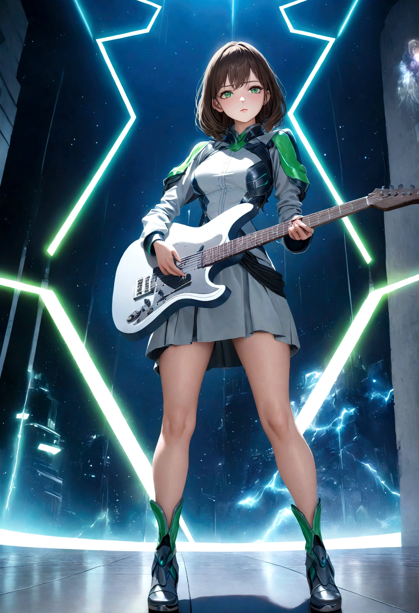 a beautiful young woman with brown hair, striking green eyes, detailed facial features, wearing a shimmering silver and blue sci-fi inspired costume, holding an electric guitar, standing on a neon-lit stage, dramatic sci-fi landscape of Alderaan in the background, powerful and emotional music performance, photorealistic, 8k, best quality, highly detailed
