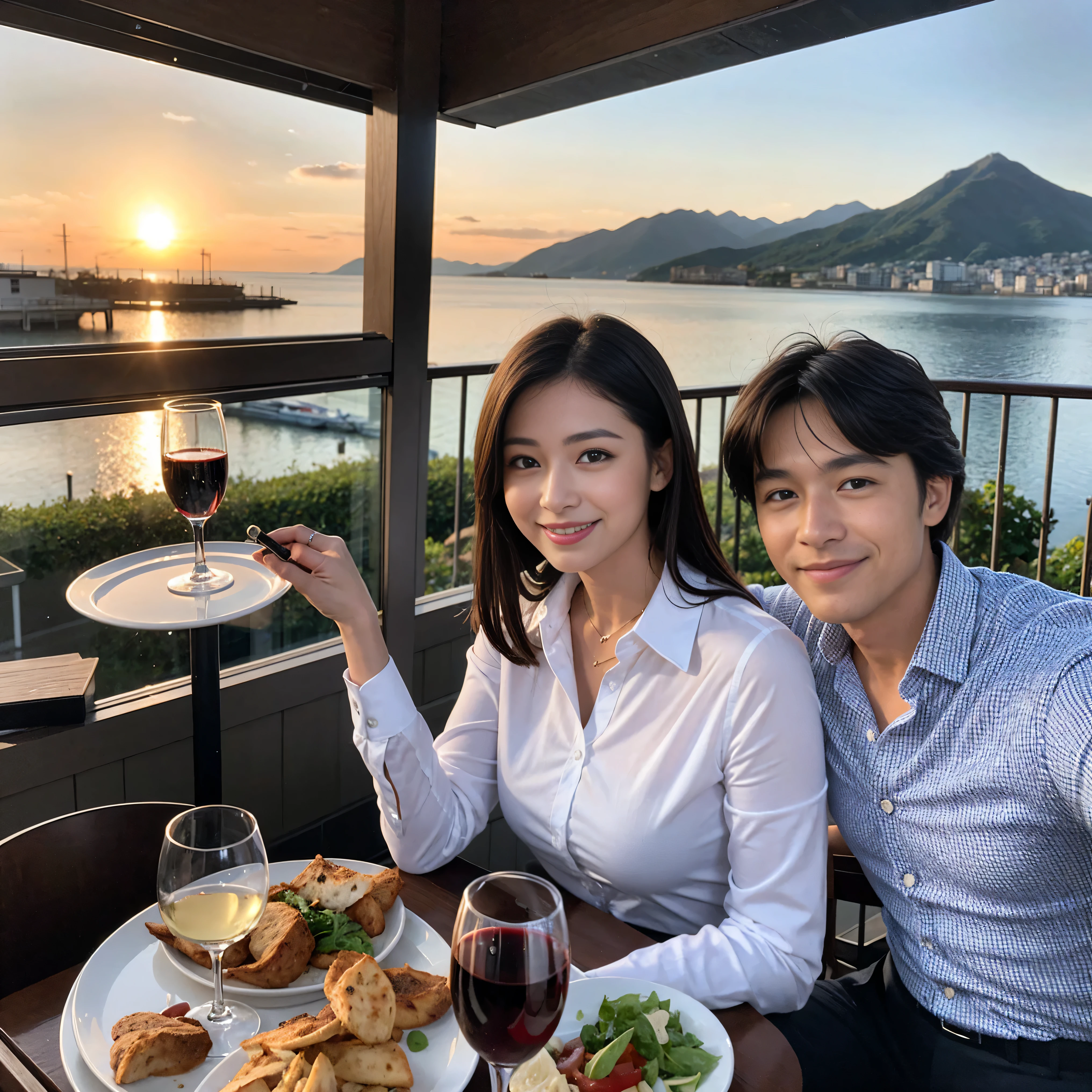 ((Highest quality、8K、masterpiece:1.3))、1 male 1 female、Satomi Ishihara、Beautiful couple、smile、full-course dinner、 (Slim face), (the body is スリム), (Brown Hair), (Shortcuts), ((Bob Hale、Straight hair:1.2)), テーブルの上のwine glass、Put the light on your face、 Amazing view of the sunset sky and clouds、smileの美しさ、Bright image、Blushing, Shortcuts, (43 years old), 39 years old, Appetizers、Italian food、Wine bottle、Champagne、sparkling wine、Long sleeve shirt、dress、Attractive beauty、restaurant, Nova Frog Style, actress, model, Upper Body, White wine, red wine, wine glass, 