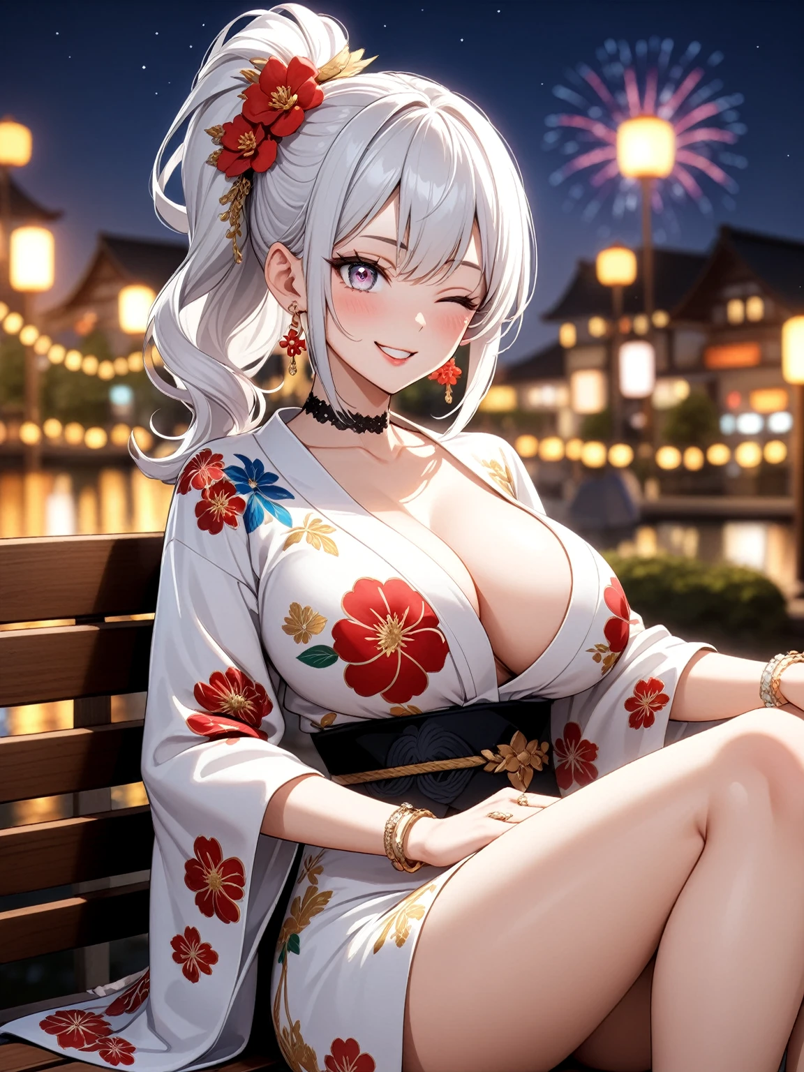((one personの女性)), Beautiful Face,(a woman in a sophisticated and alluring pose. She is sitting on a chair with her legs crossed),((Wink:2.0)),(Bright red cheeks:1.3),Laughing with your mouth open,Glossy pink lips,Lighting on the face,night,night景が見える,firework,((Anime style background)),masterpiece, highest quality, so beautiful, Latest, Complex details, (Pink long nails),(ring),(bracelet),(choker),AI-generated, Complex,High resolution, highest quality, super high quality,3D Images、View your viewers、3D Images,one person,Long white hair,High Ponytail,(blue eyes),Anime woman posing for a photo, ((Fine grain、Silvery white colorful eyes、Shining Eyes:1.3)),(Squint your eyes:1.1),a hyperRealistic , hyperRealistic , Realistic,Anime woman with long and white hair, Smooth anime CG art, A woman in a colorful kimono with gold embroidery, (Black kimono),Red floral pattern,Long flower hair ornament,Big earrings,Mature Body,(Big Breasts:1.1),Tall,Fine details,Narrow waist,(Face close-up:1.3), Sit on a bench,Photographed from the front