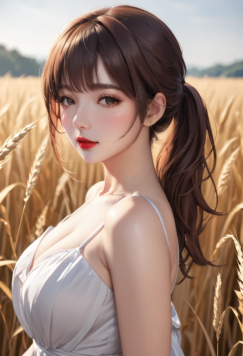 (masterpiece:1.4),, (highest quality:1.4),, Ultra-high resolution,, 8k, CG,, (Very delicate and beautiful:1.2),, , Upper Body,, From the side,, View Viewer,, , One girl,, alone,, Robber Girl,, Mature Girls,, , cute, sweet,, , In the wheat field,, Blurred Background,, , Long brown hair,, ponytail,, , Brown eyes,, Mouth closed,, Red lips,, , Face blown by the wind,, , White Dress,, Medium chest,