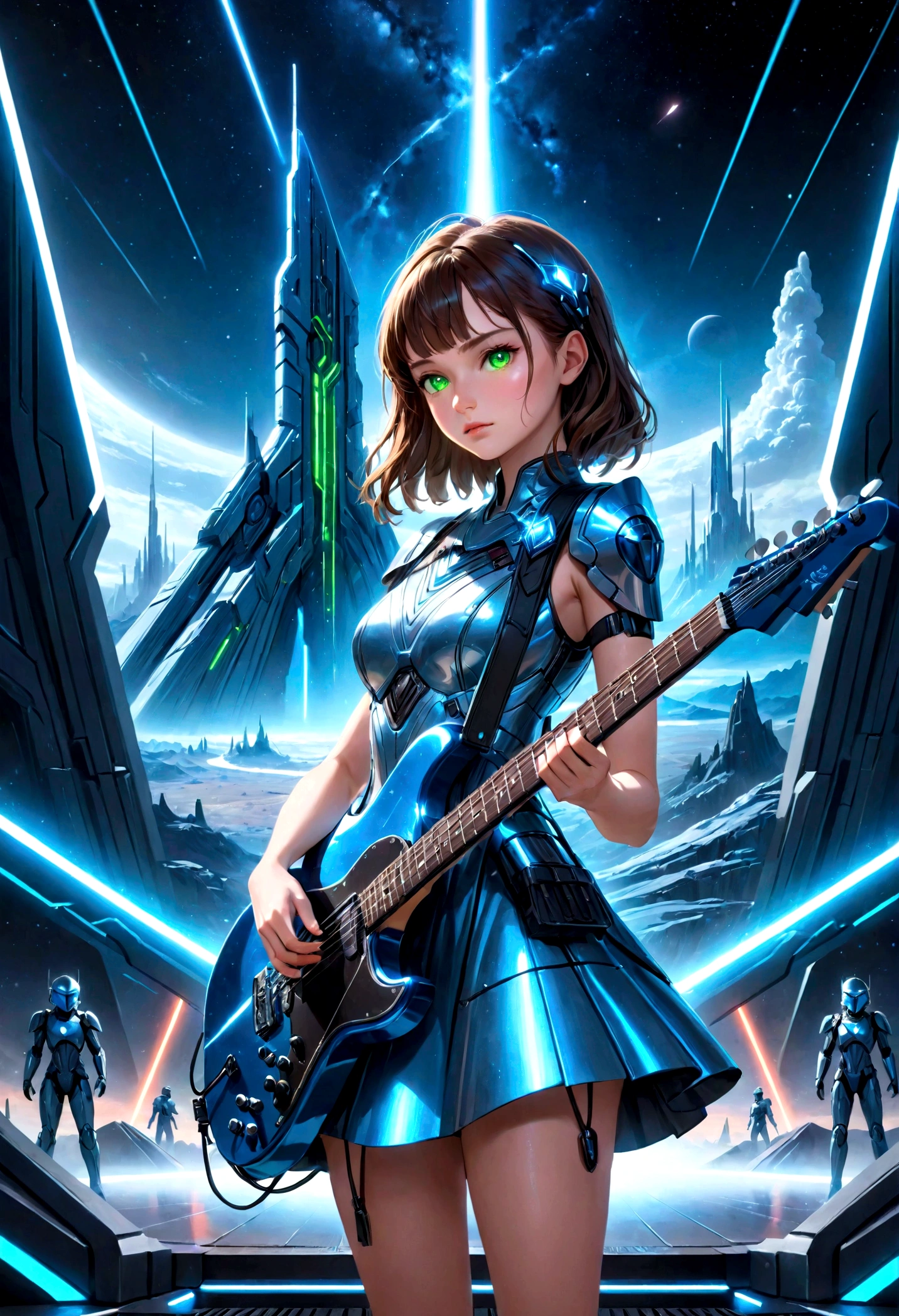 a beautiful young woman with brown hair, striking green eyes, detailed facial features, wearing a shimmering silver and blue sci-fi inspired costume, holding an electric guitar, standing on a neon-lit stage, dramatic sci-fi landscape of Alderaan in the background, powerful and emotional music performance, photorealistic, 8k, best quality, highly detailed
