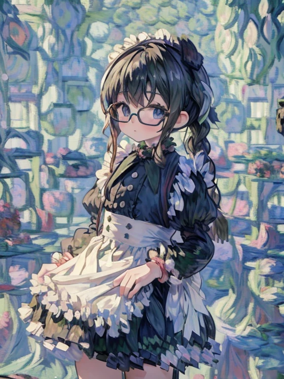 8k, (Monet:1.8), 9--old l, black eye, Glasses, Black Hair, Long Hair, Braid, Black maid outfit