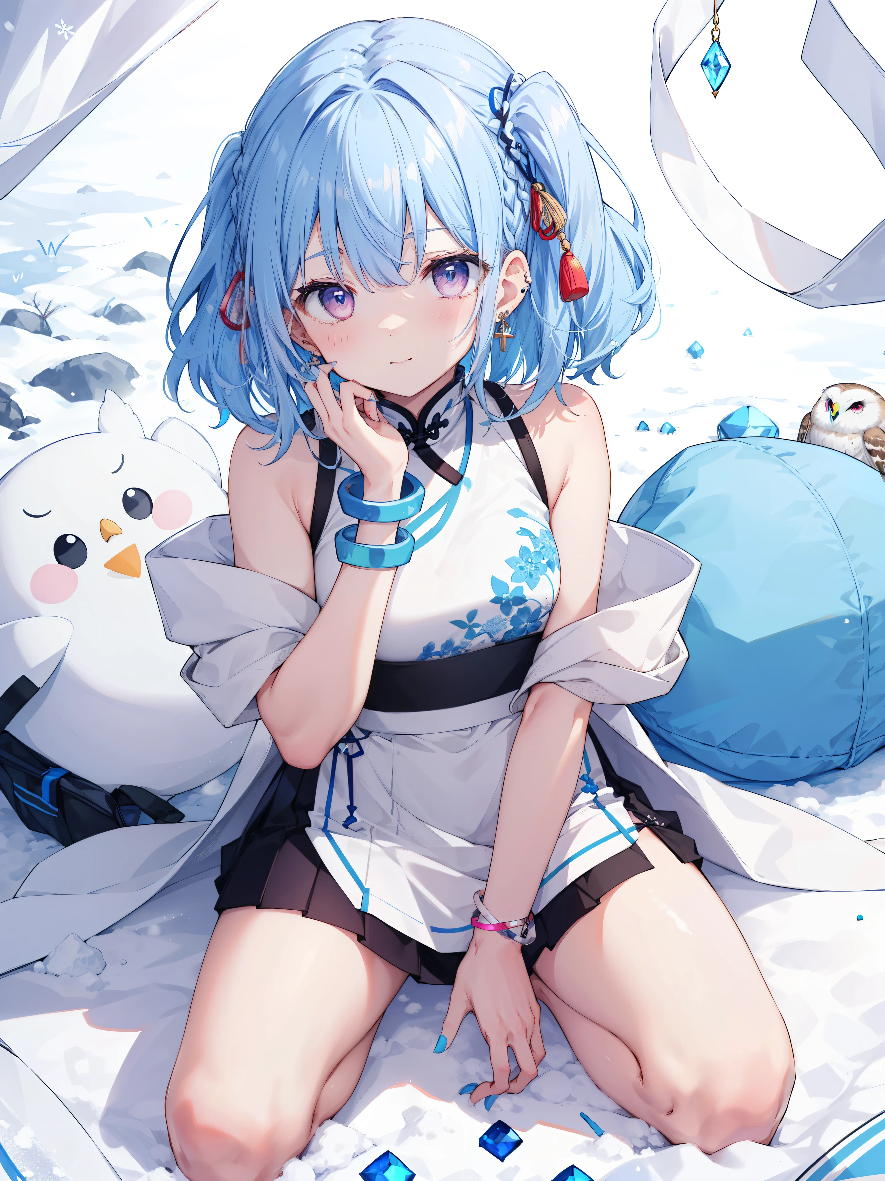 ((Best quality at best, tmasterpiece)),(origin:1.5)origin,1 Sister,Virtual_Youtuber,full_body,,Alone,Raised your legs,a skirt,Pink_the hair,Lop,_bshoulders,through bangs,Pink_knitwear,direct,'s_the sleeve,pelvis_curtain,Virtual_Youtuber,,1 Sister,Shown in_heads,Lop,Lop_cut out,owl shoulder,White stockings,(Lying on the snow:1.2),(china idol:1.2),natta,a pink eyes,Yuki,,(from the above:1.2),light smile,The barefoot,club,1 Sister, Alone, eBlue eyes, jewely, Blue nails, precious stones, Blue hair, looking at viewert, nail polish, blue gem, through bangs, hand on own face, hair between eye, Blue Themes, sporty attire, bangle, White hair, awas, Eau, awas, ear nipple ring,kneeling down,Spread your legs apart,The details of the eyes are super exquisite,delicated face
