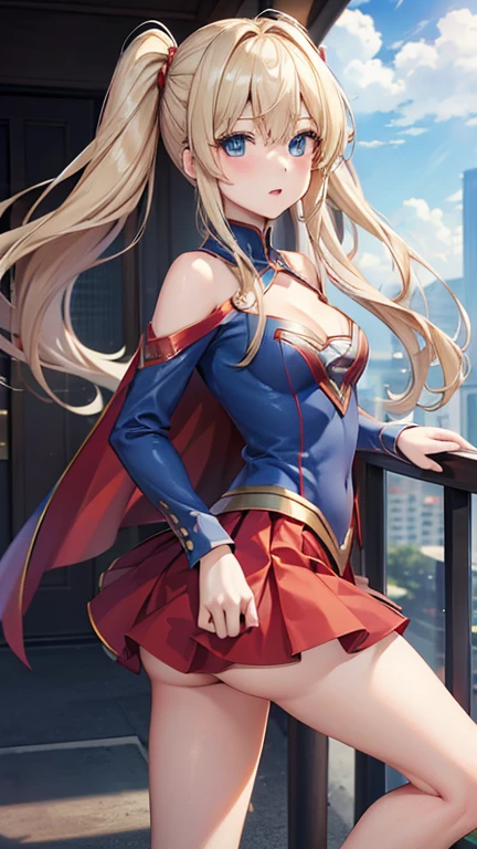 ((highest quality, masterpiece, nonsense)),One girl:1.9, sexy, ( 18-year-old, Expressive blue eyes, shoulder-length blonde hair, Long Hair,Loose and fluffy hair),服を着たSupergirlのコスプレ (Supergirlスイートカスタムロールプレイング), The shortest red skirt,eechi, terrace of 1 building, Supergirl, Cleavage, Show your ass, Under the skirt, big, Small suit