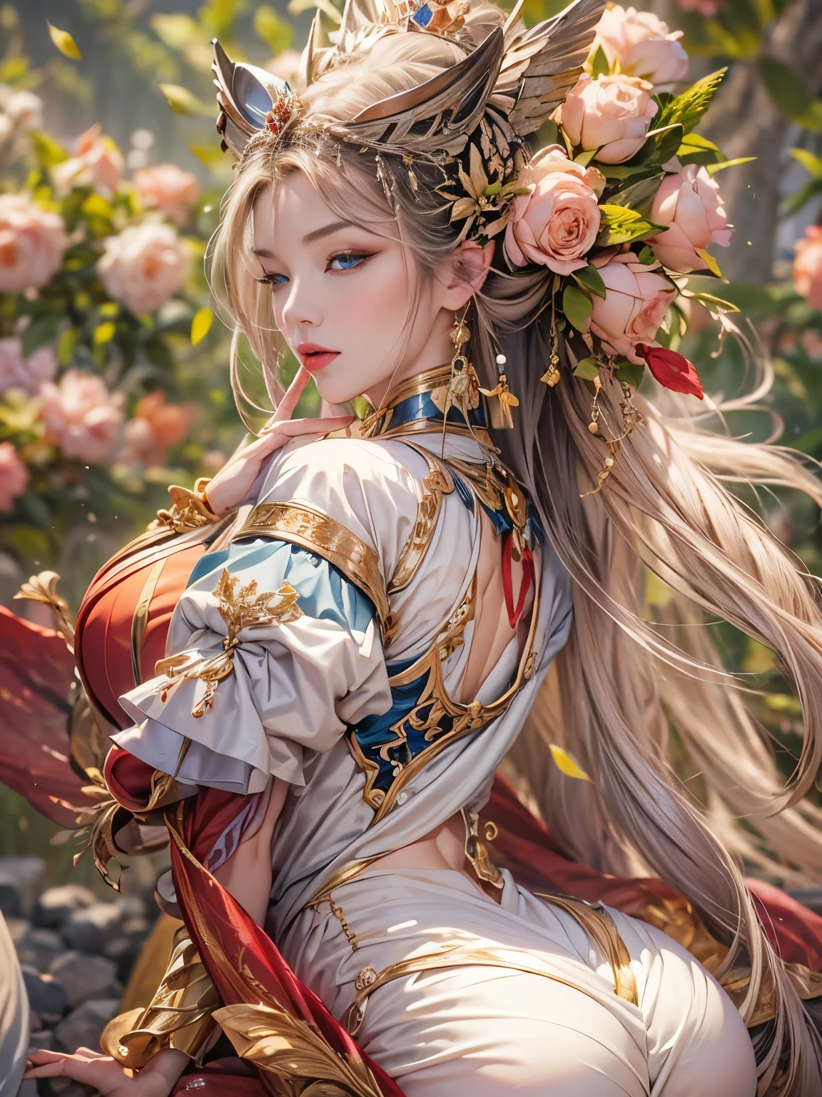(8K, highest quality, masterpiece),(Realistic, RAW Photos, Super Fine Clear), Realistic Light, Detailed skin, Beautiful woman, ((25-year-old woman, queen:1.5)), Thin legs, fine grain, white long hair, Detailed fingers, thin, Sexual, Ecstasy facial expression, Super big boucing firm bust, The chest part of the armor is wide open, Chest exposed, (deep scarlet armor), (peach, peach garden, Flower storm), lakeside palace