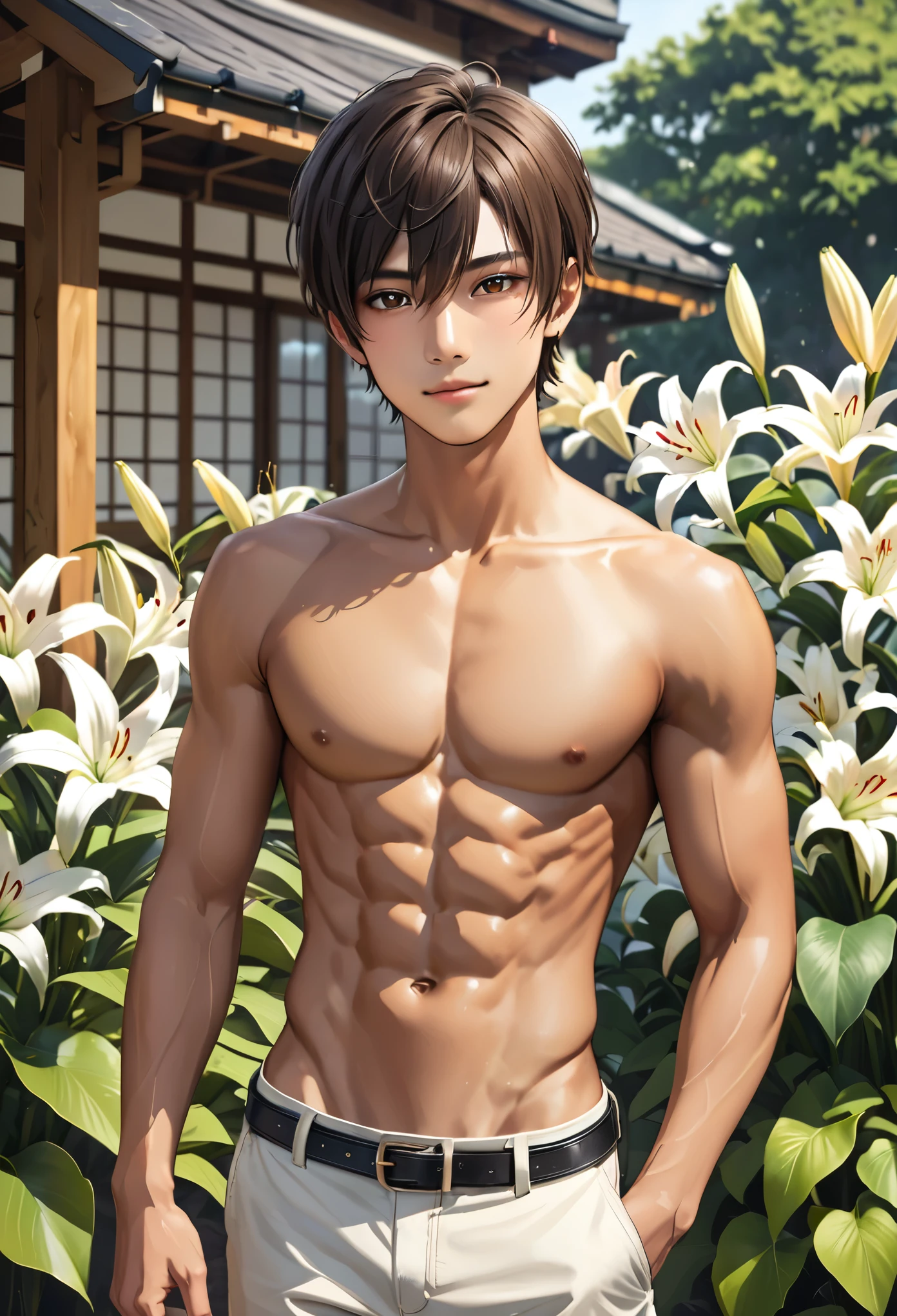 (best quality), realistic, lily, garden, 15 year old Japanese idol boy,  (abs), black short hair, tanned dark skin, (detailed brown eyes), (smile:0.8),