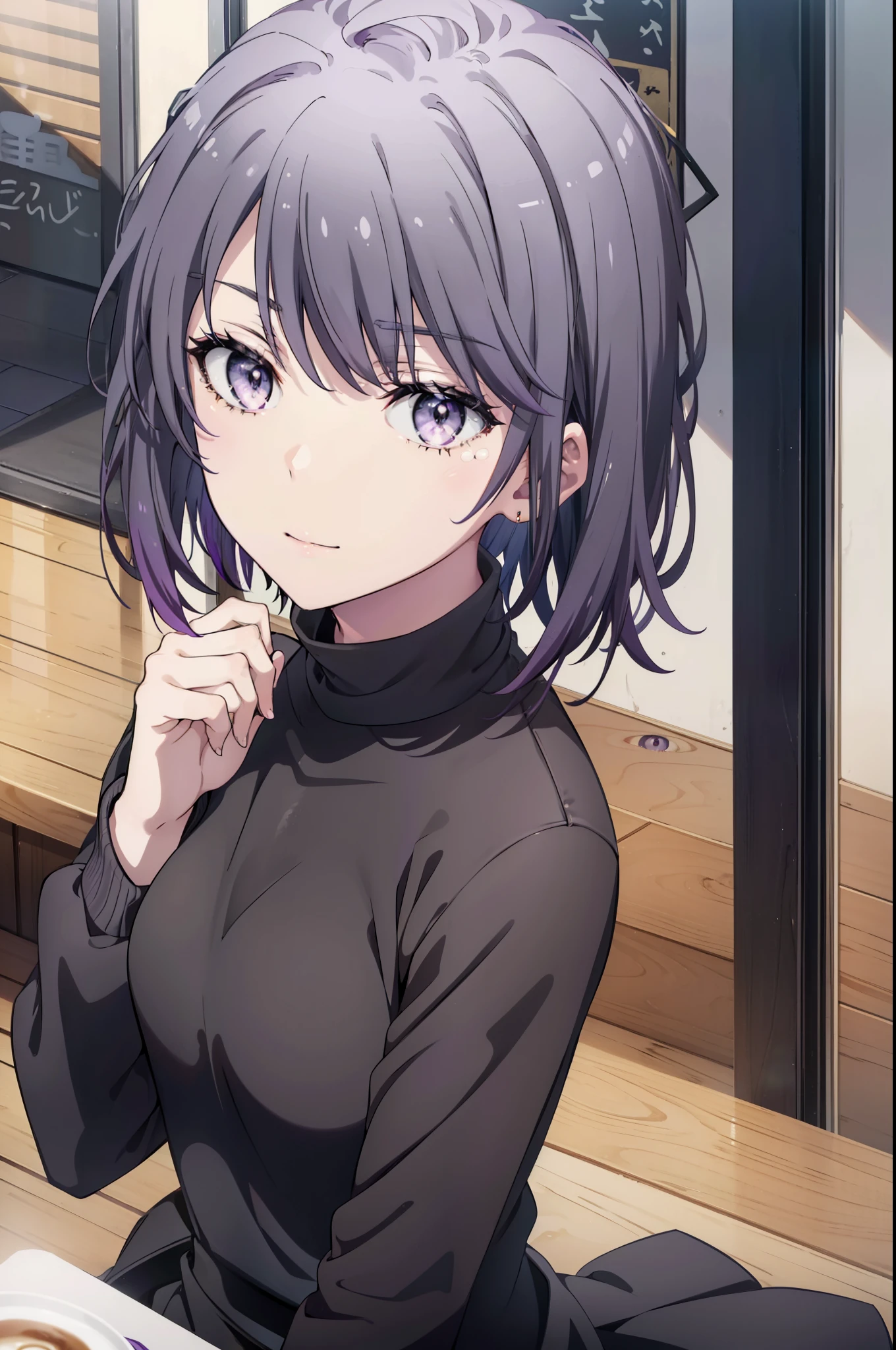 harunoyukinoshita, haruno yukinoshita, short hair, Hair between the eyes, (iris:1.5), Open your mouth wide,smile,Black Hair, Gradient Hair, Two-tone hair, Purple Hair, smile,Oversized sweater,Long skirt,short boots,Sitting in a chair,There is food on the table,whole bodyがイラストに入るように, break outdoors, Open Terrace,coffee shop, break looking at viewer,whole body, break (masterpiece:1.2), highest quality, High resolution, unity 8k wallpaper, (shape:0.8), (Beautiful details:1.6), Highly detailed face, Perfect lighting, Extremely detailed CG, (Perfect hands, Perfect Anatomy),