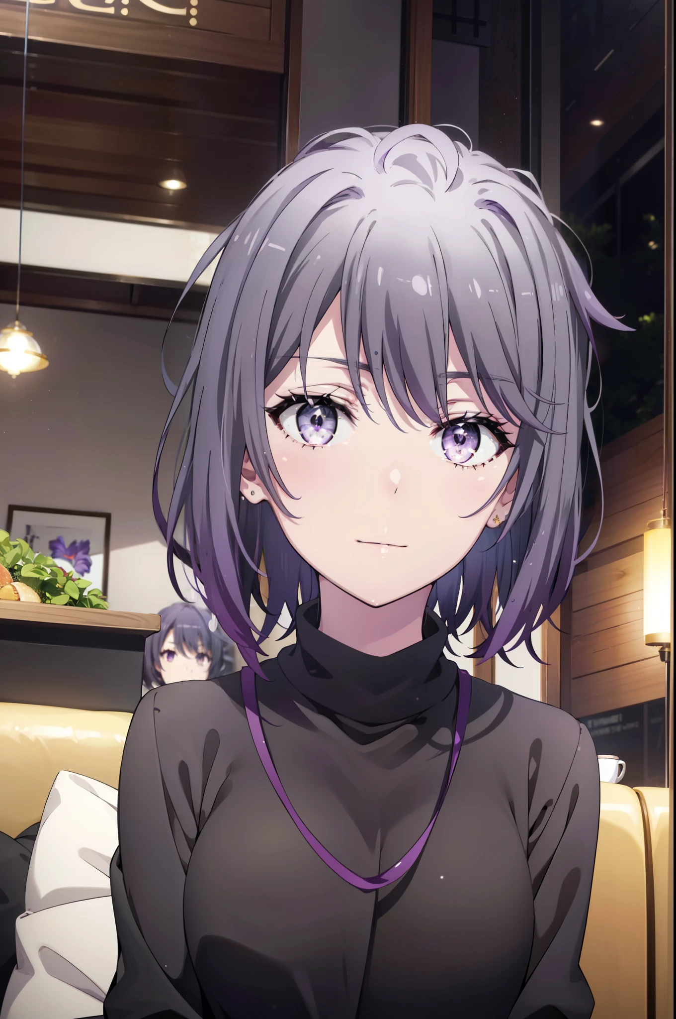 harunoyukinoshita, haruno yukinoshita, short hair, Hair between the eyes, (iris:1.5), Open your mouth wide,smile,Black Hair, Gradient Hair, Two-tone hair, Purple Hair, smile,Oversized sweater,Long skirt,short boots,Sitting in a chair,There is food on the table,whole bodyがイラストに入るように, break outdoors, Open Terrace,coffee shop, break looking at viewer,whole body, break (masterpiece:1.2), highest quality, High resolution, unity 8k wallpaper, (shape:0.8), (Beautiful details:1.6), Highly detailed face, Perfect lighting, Extremely detailed CG, (Perfect hands, Perfect Anatomy),